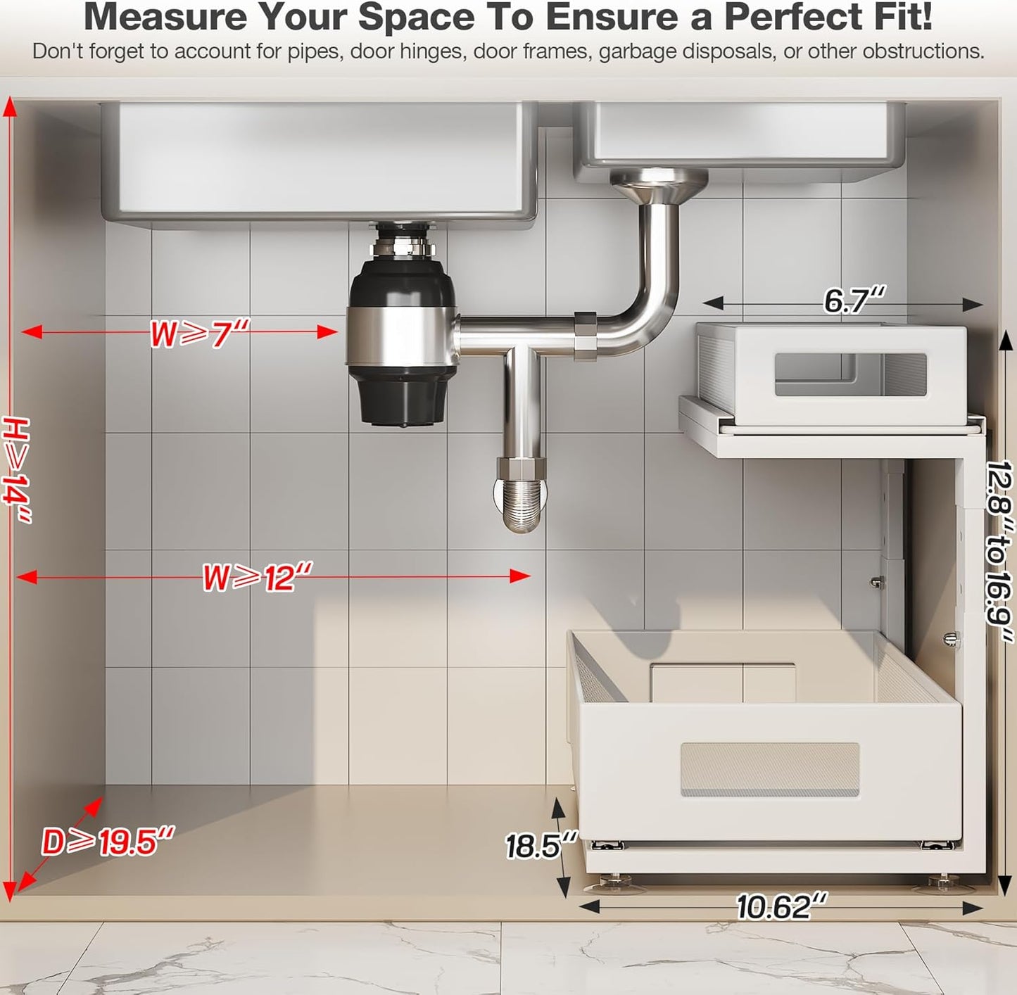 2 Pack 18.5IN-Depth Under Sink Organizer With Next-Gen Ball-Bearing Slides,2-Tier Pull Out Cabinet Storage,Height Adjustable Drawer Shelf for Bathroom,Kitchen,Laundry,Cabinet,Pantry-White