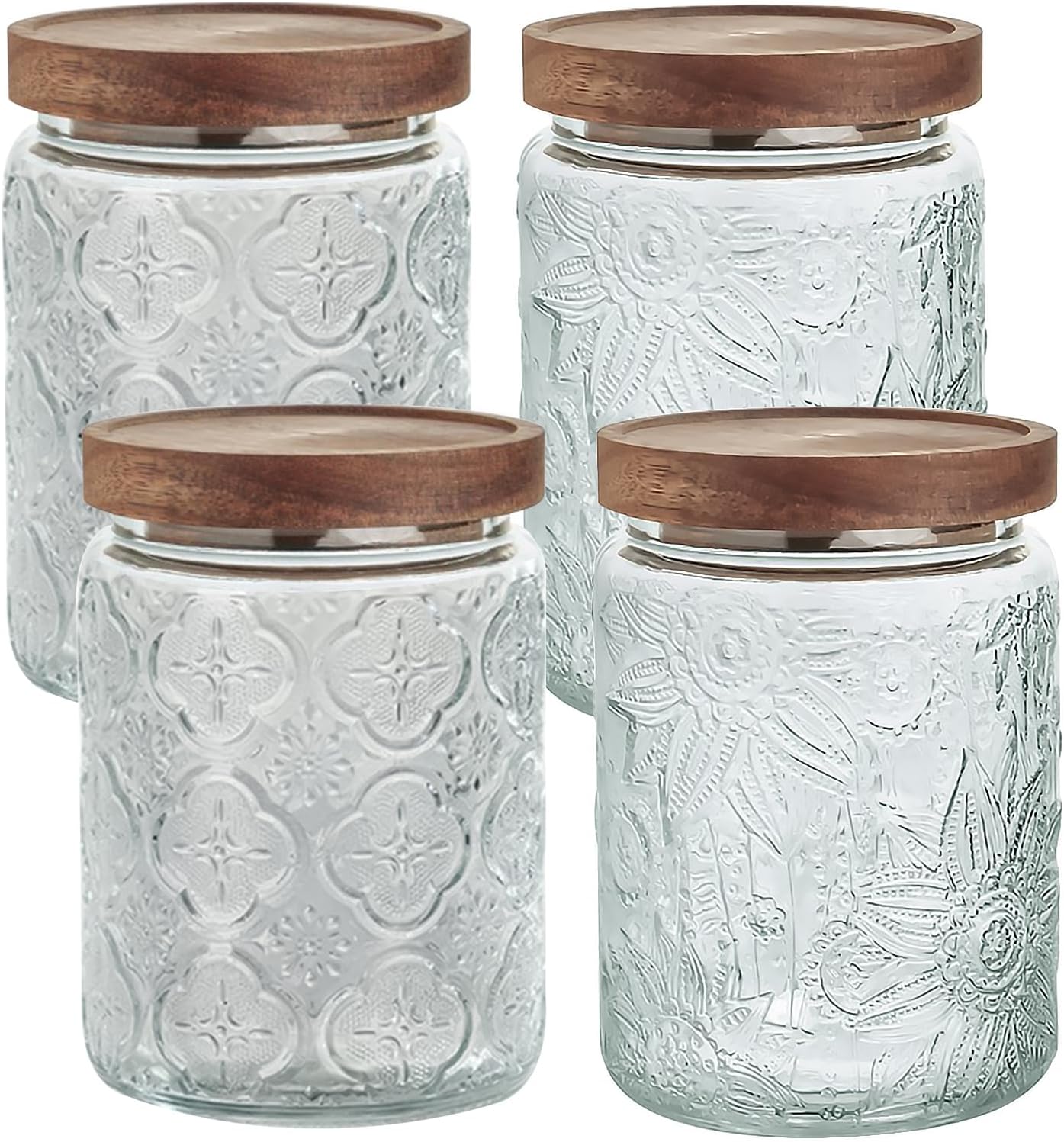 24 OZ/4 PCS Glass Storage Jar with Airtight Bamboo Wooden Lids, Vintage Food Containers Canisters Sets for Kitchen Counter Pantry, Sugar, Flour, Candy, Tea, Coffee Beans, Oats, Grain Bin, Pasta,