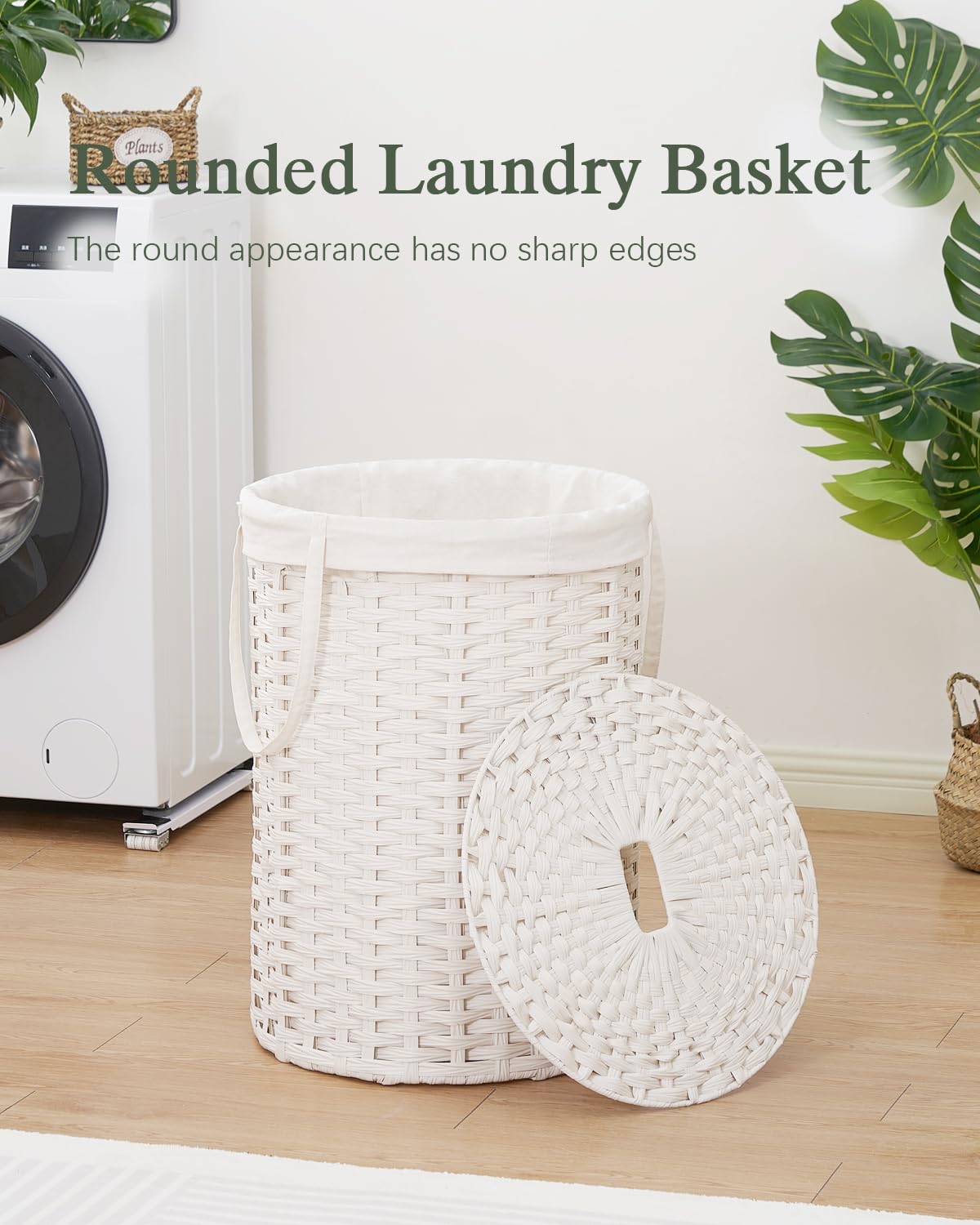 Laundry Basket with Lid Round Rattan Laundry Hamper with Lid and Handles 29.1 Gal (110 L) Handwoven Woven Basket with Removable Bags and 2 Mesh Bags for Bathroom Living Room White
