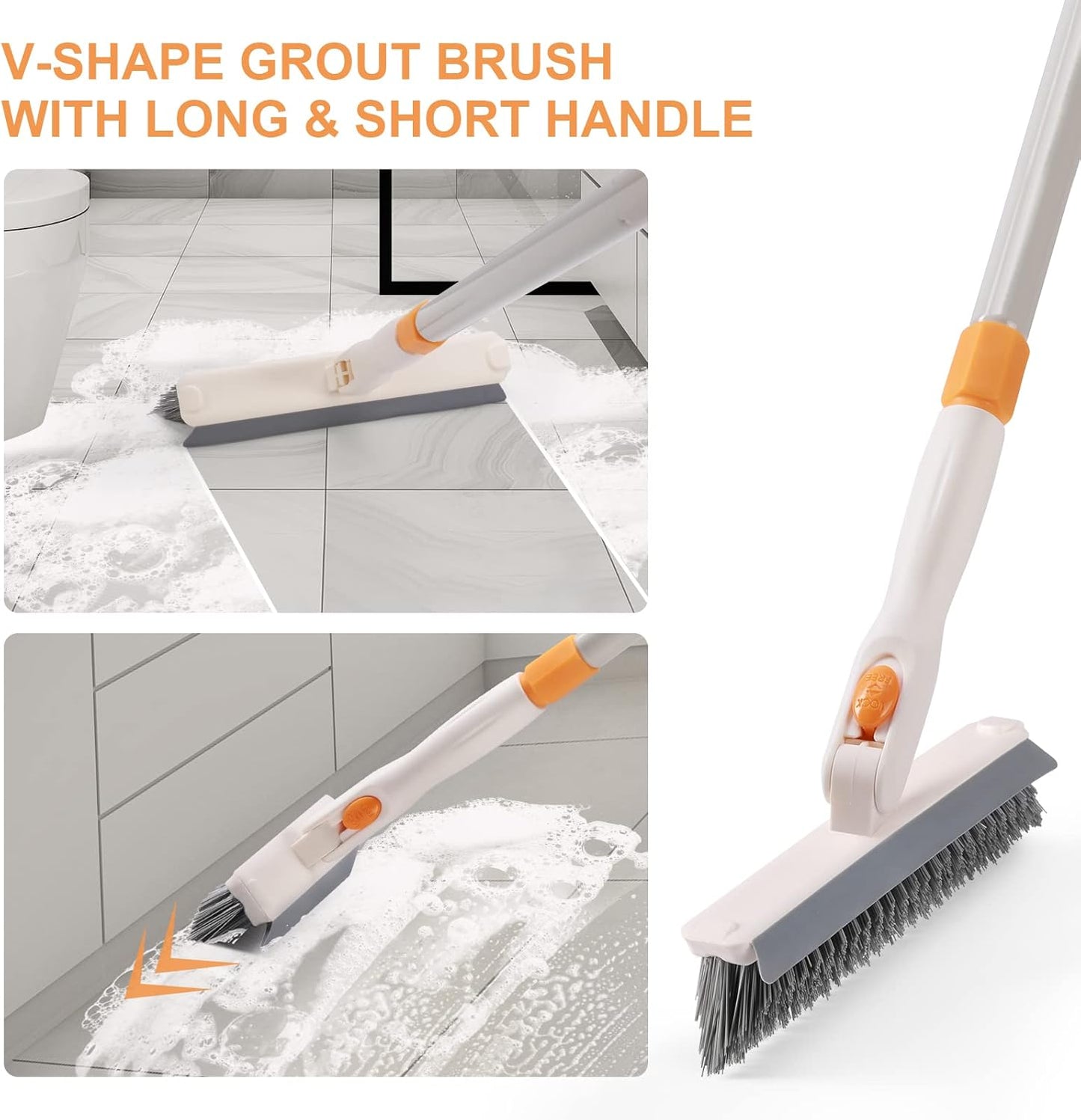 3 in 1 Shower Scrubber Cleaning Brush with Long Handle, 50'' Tub and Tile Grout Scrub Brush Stiff Bristles Lock in Place Scrub Brush Head for Bathroom Kitchen Wall Floor Bathtub Sink Glass - Upgrade