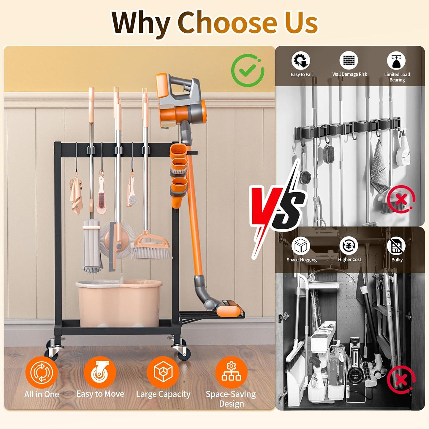 Cleaning Supplies Organizer with Broom Holder Load 160 LBS Cleaning Cart with Wheels Broom Closet Storage with 6 Mop Hanger Grippers, 3 Double-Hooks, Vacuum Stand for Laundry Garage Organization