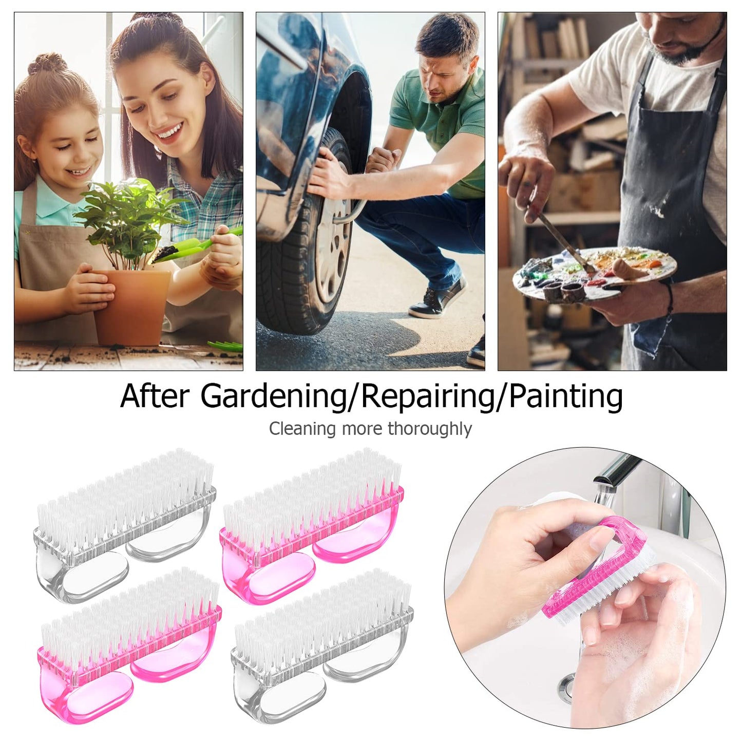 Handle Grip Nail Brush, Hand Fingernail Brush Cleaner Scrubbing Kit Pedicure for Toes and Nails Men Women (4 Pack)