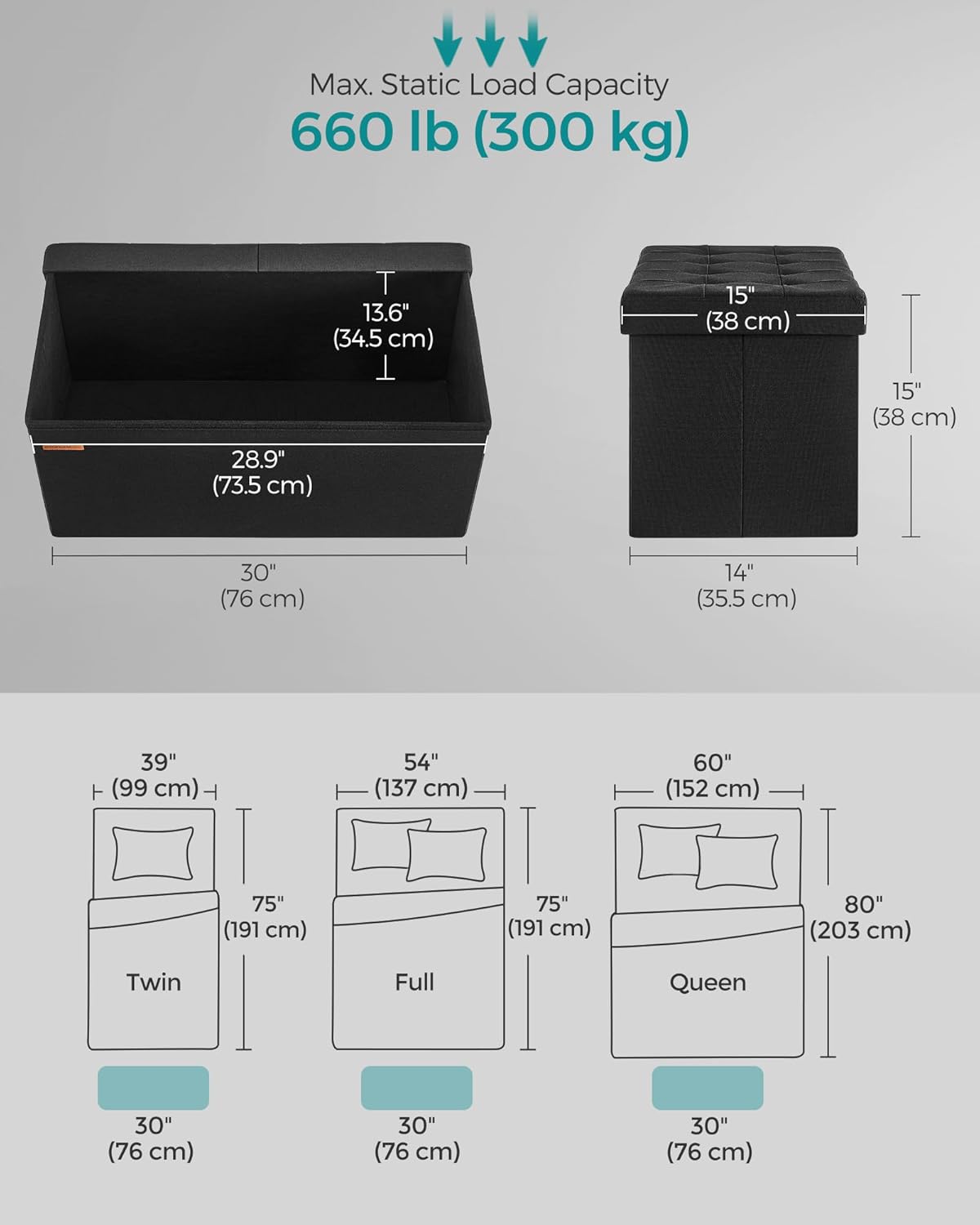 SONGMICS Mazie Collection - 30 Inches Storage Ottoman, Foldable Storage Bench with Flipping Lid, 660 lb Load Capacity, for Entryway, Living Room, Bedroom, Ink Black ULSF046B01