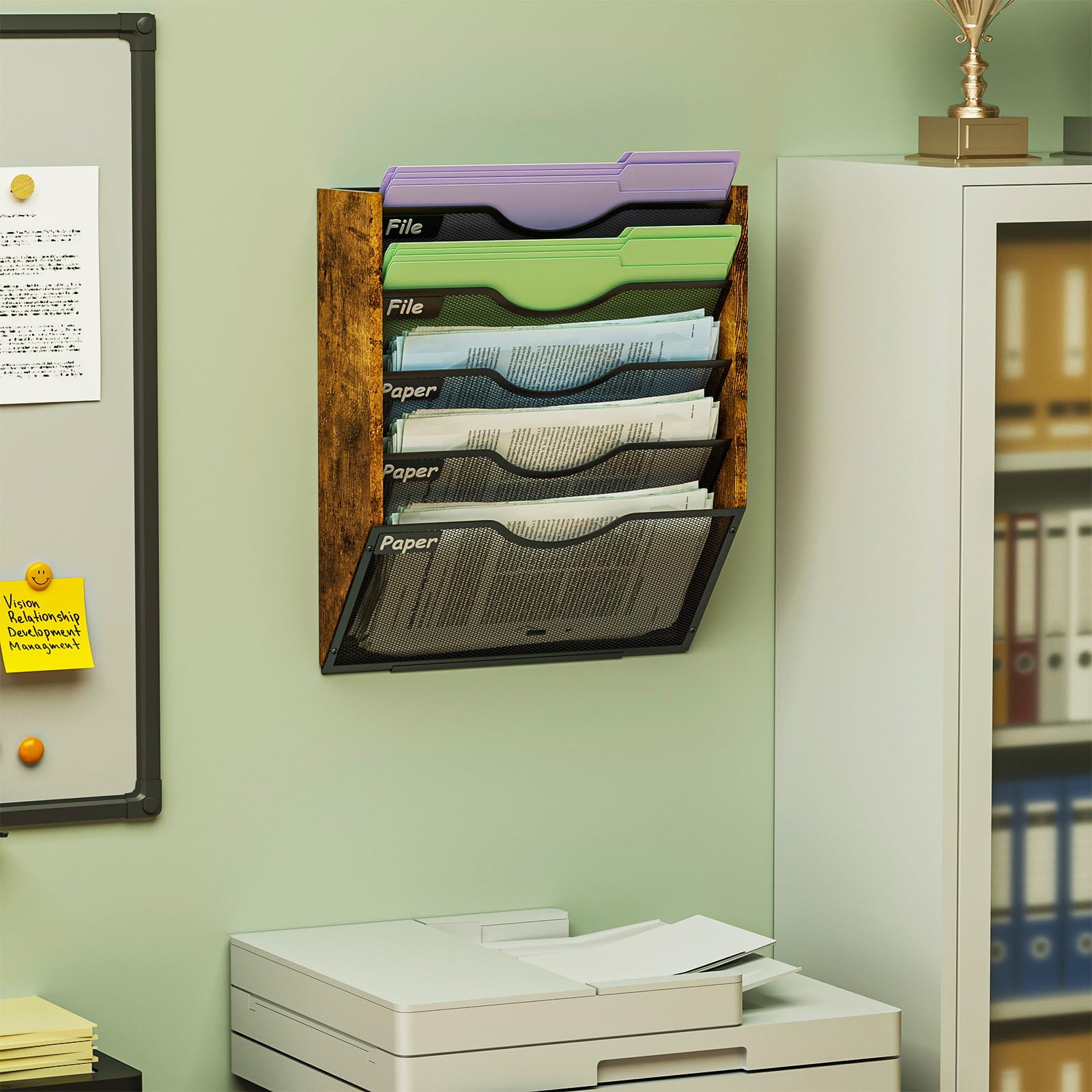 Ironwood Hanging Wall File Organizer, 5 Pocket Mesh Mail Organizer Wall Mounted with Nametag Label