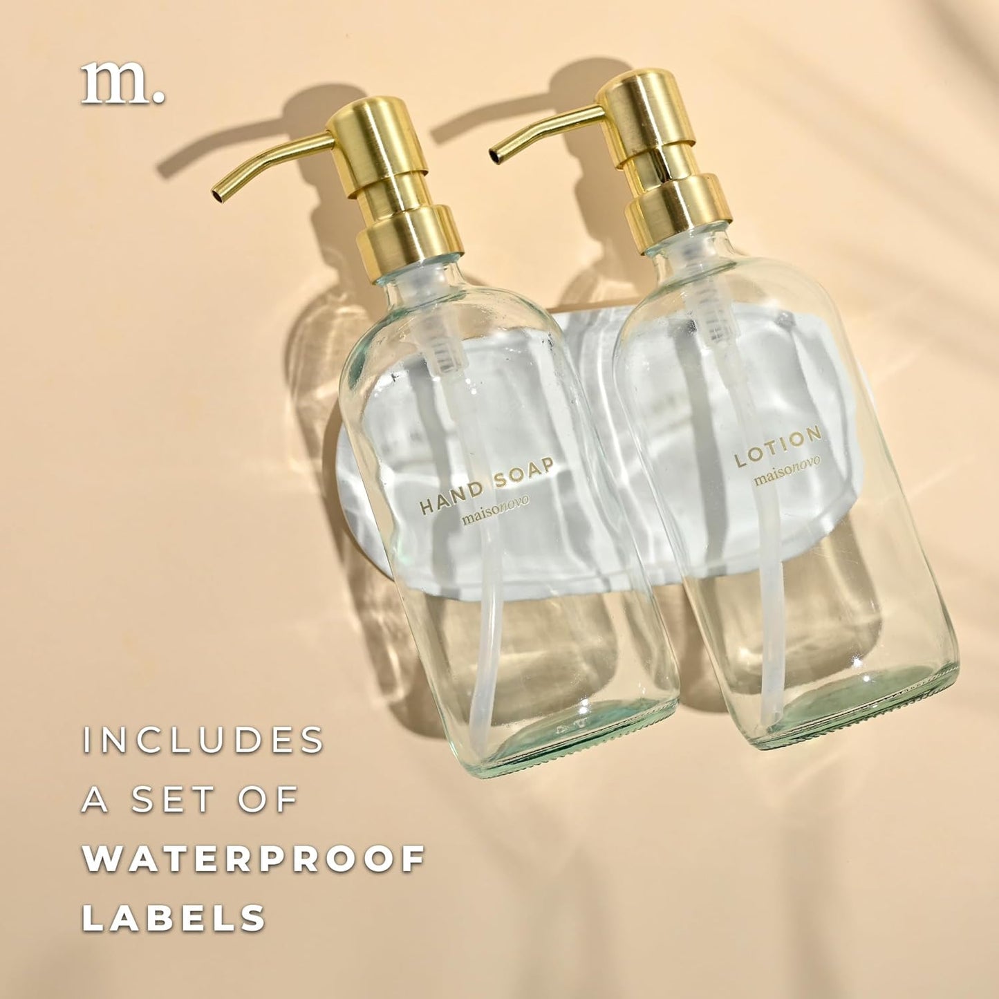 MaisoNovo Soap Dispenser 3-Piece Set | 16.9oz Clear Bottles with Gold Stainless Steel Pumps