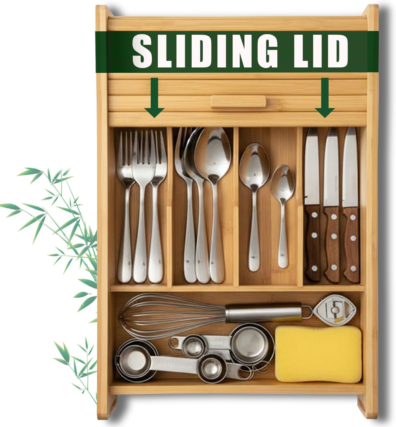 KozyKoala & Co. Bamboo Drawer Organizer with Sliding Lid - 5 Slot Kitchen Drawer Organizer & Utensil Holder - Wood Bamboo Cutlery Tray for Flatware, Gadgets & Multipurpose Storage for Home & Office
