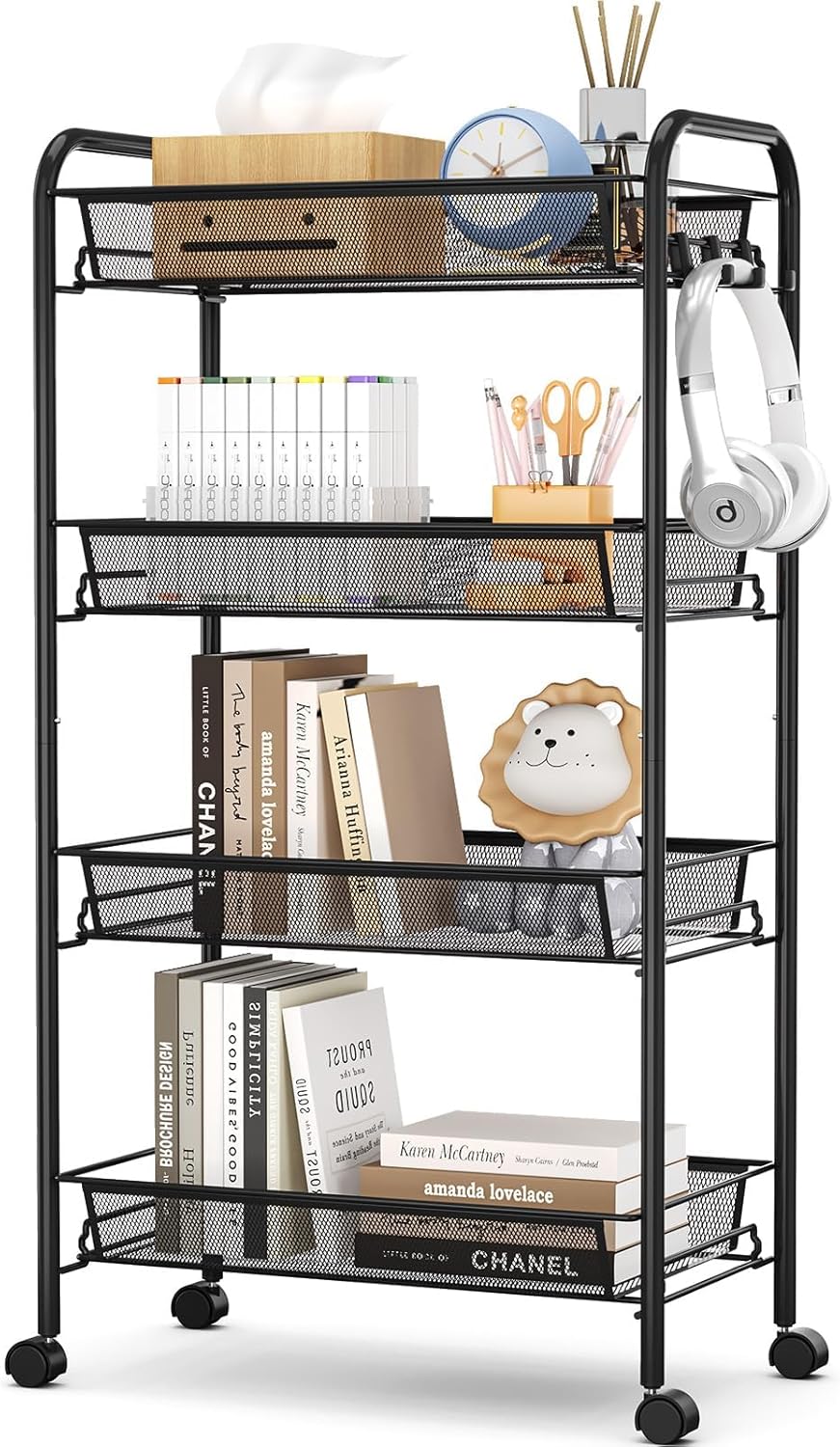 TOOLF 4-Tier Rolling Cart, Metal Utility Cart with 3 Hooks, Easy Assemble Mobile Storage Trolley On Wheels, Metal Shelving Units Kitchen Bathroom Laundry Room