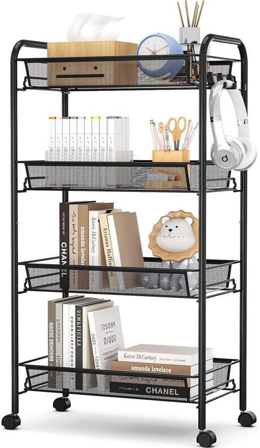 TOOLF 4-Tier Rolling Cart, Metal Utility Cart with 3 Hooks, Easy Assemble Mobile Storage Trolley On Wheels, Metal Shelving Units Kitchen Bathroom Laundry Room