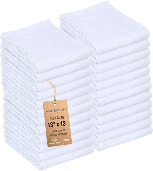 Dish Cloths Cotton| Kitchen Wash Cloth| Shop Towels Absorbent and Lint Free Flour Sack| Dishcloths for Kitchen Washing Dishes|Thick Absorbent Quick Dry Dish Rags | 24 Pack 13"x13" White