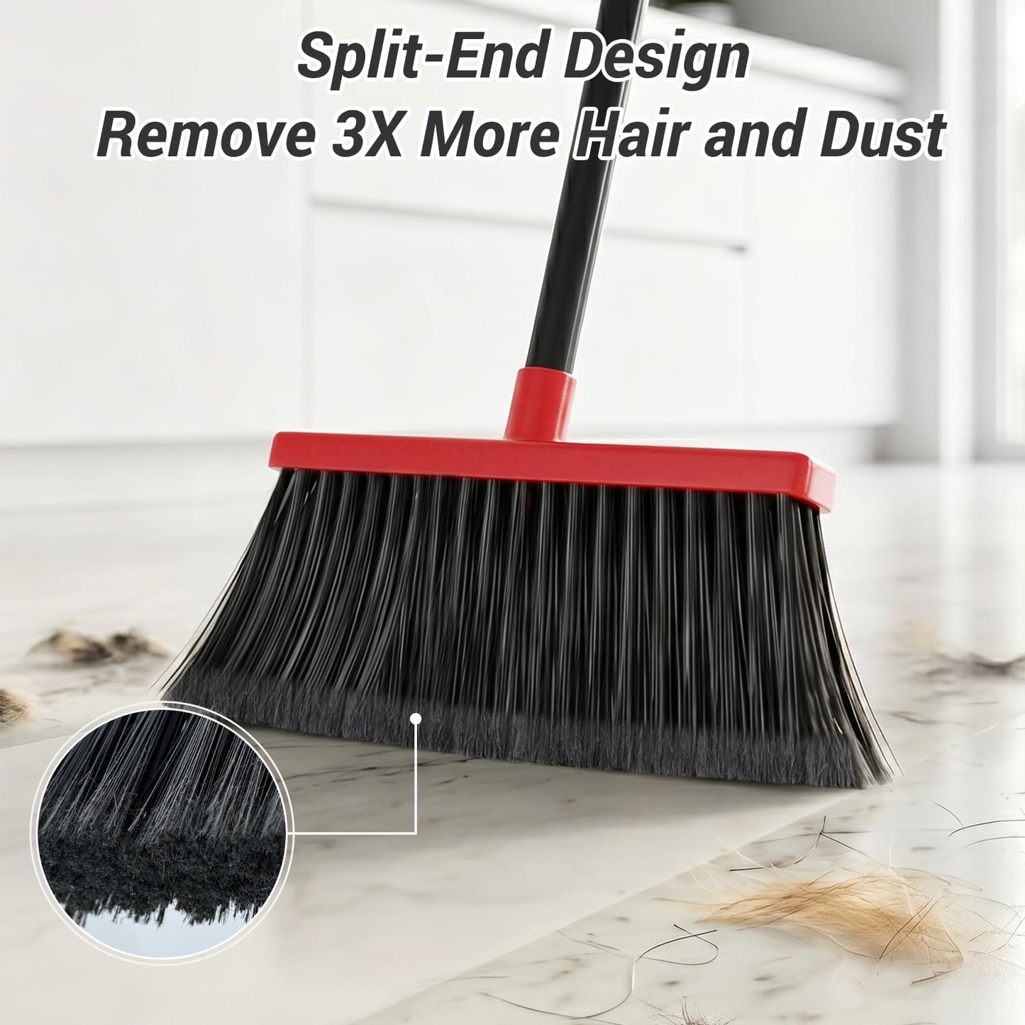 Zeawec Broom with Dustpan Set for Pet Hair & Dust Cleanup, Red & Gray