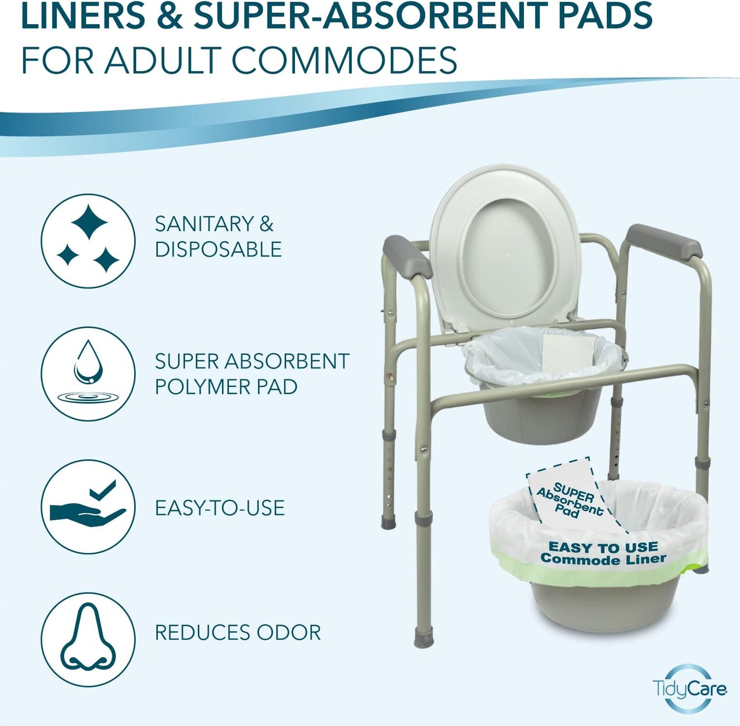 Disposable Bedside Commode Liners and Pads for Portable Toilet Chair Seat Bucket and Bedpan | Combo Pack of 72 Waste Bags and 72 Absorbent Pads | Universal Fit