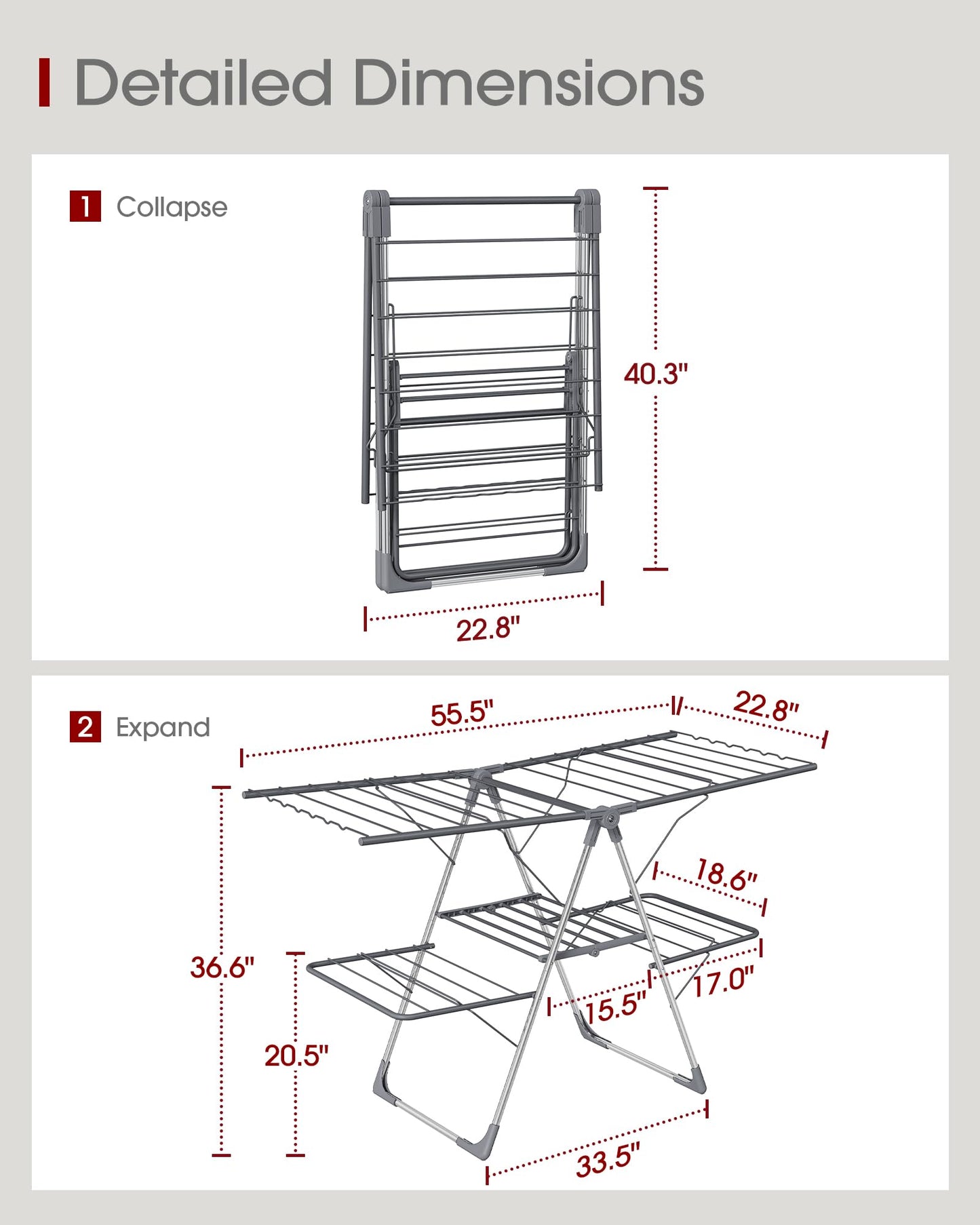 Sakugi Clothes Drying Rack, Foldable 2-Level with 55.5" Adjustable Wings
