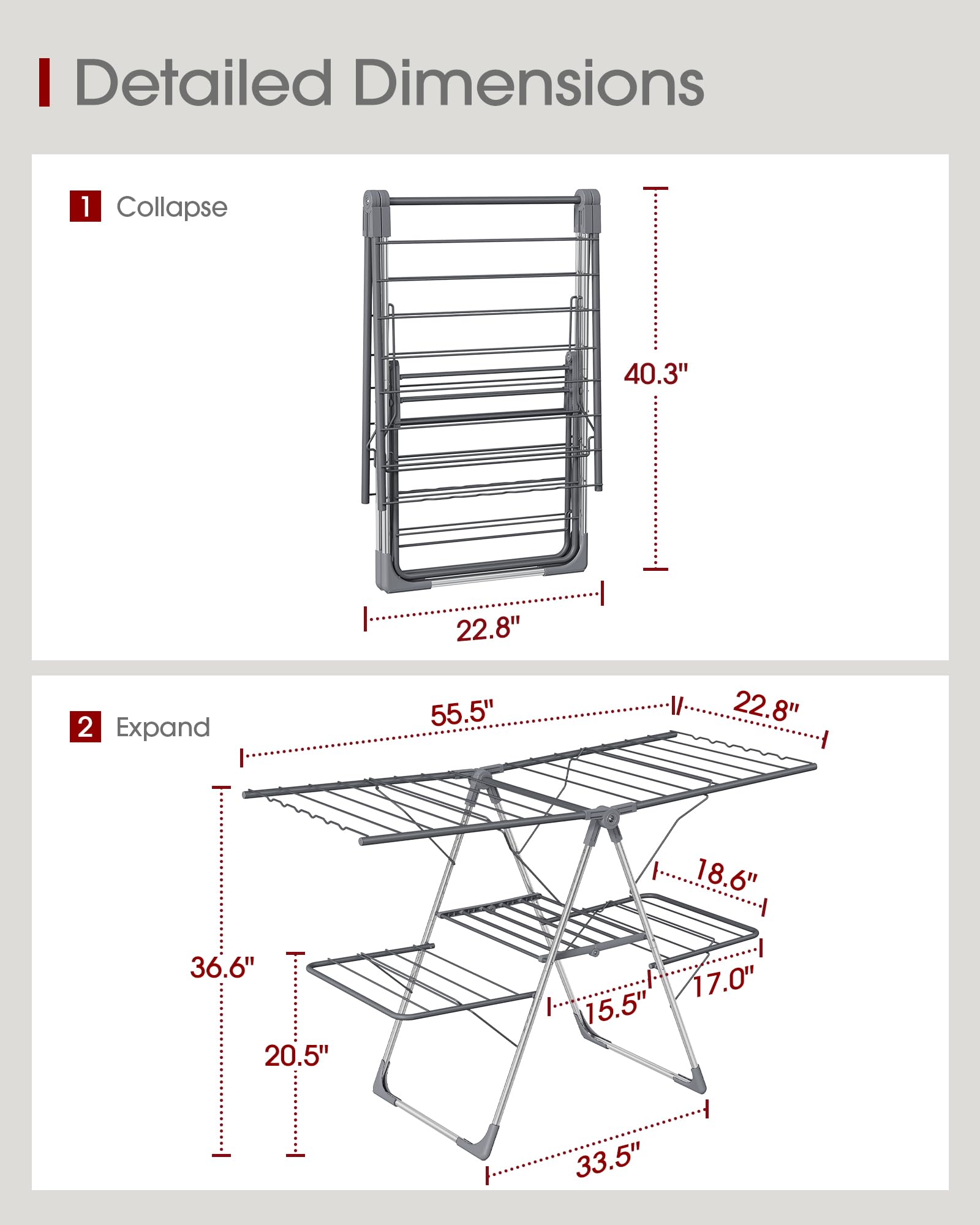 Sakugi Clothes Drying Rack, Foldable 2-Level with 55.5" Adjustable Wings