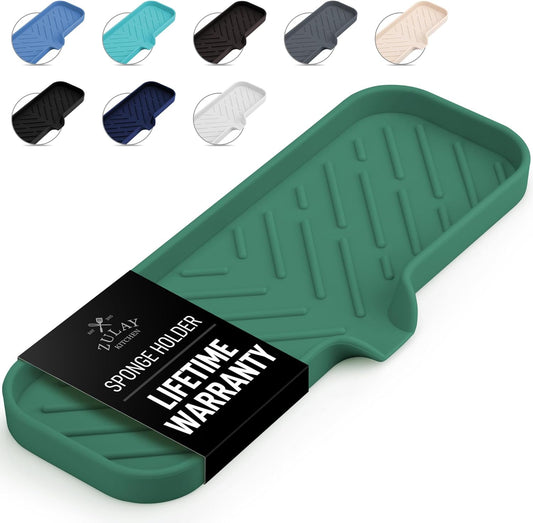 Zulay Kitchen Large Silicone Sponge Holder (12x4) – Flexible Sink Organizer Tray for Kitchen & Bathroom – Multipurpose Soap Dish for Sponges, Makeup, Trinkets & More (Pine Green)