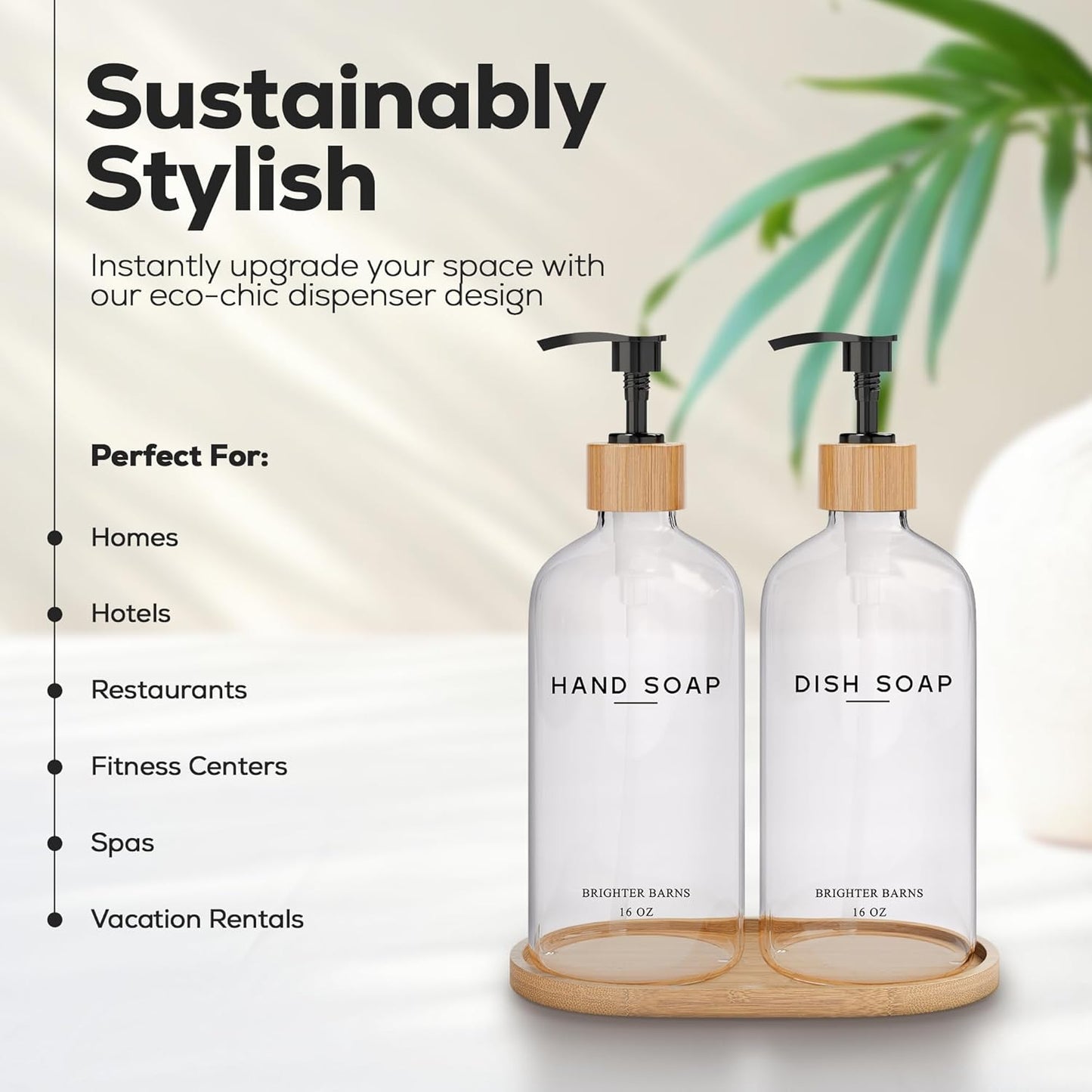 Clear Glass Hand and Dish Soap Dispenser Set by Brighter Barns - Kitchen Soap Dispenser Set with Bamboo Tray - Modern Kitchen Decor, Minimalist Decor (Clear)