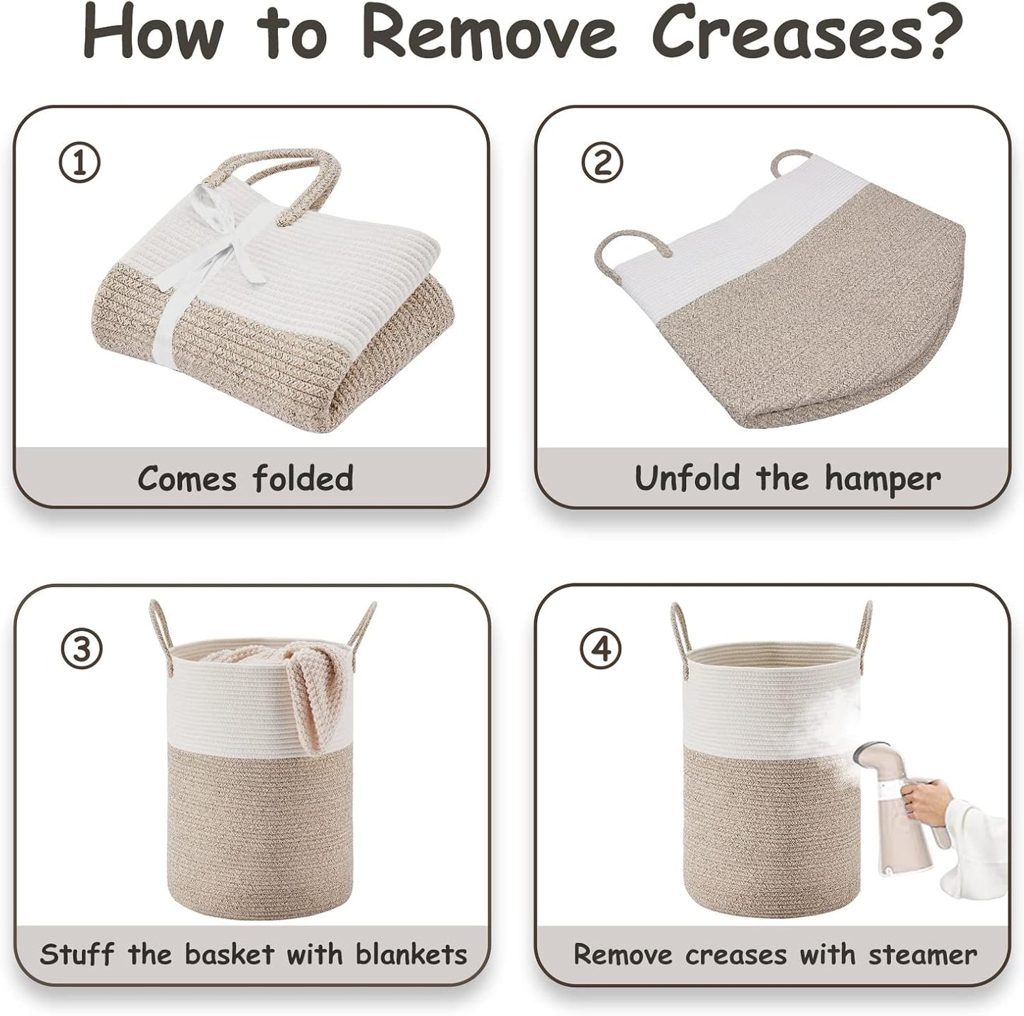 VIPOSCO Large Laundry Hamper, Tall Woven Rope Storage Basket for Blanket, Toys, Dirty Clothes in Living Room, Bathroom, Bedroom - 72L White & Brown