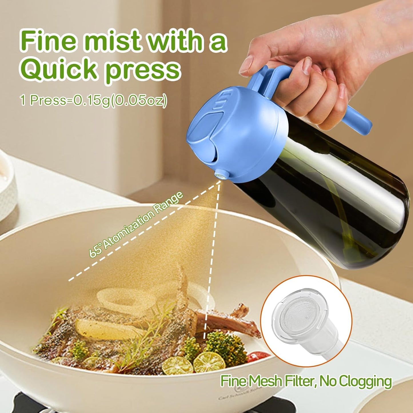 YARRAMATE 16oz/470ml Dark Green Oil Sprayer for Cooking with Stickers, Food-grade Premium 2 in 1 Olive Oil Dispenser Bottle for Kitchen Gadgets, Air Fryer, Salad, Frying, BBQ (SkyBlue)