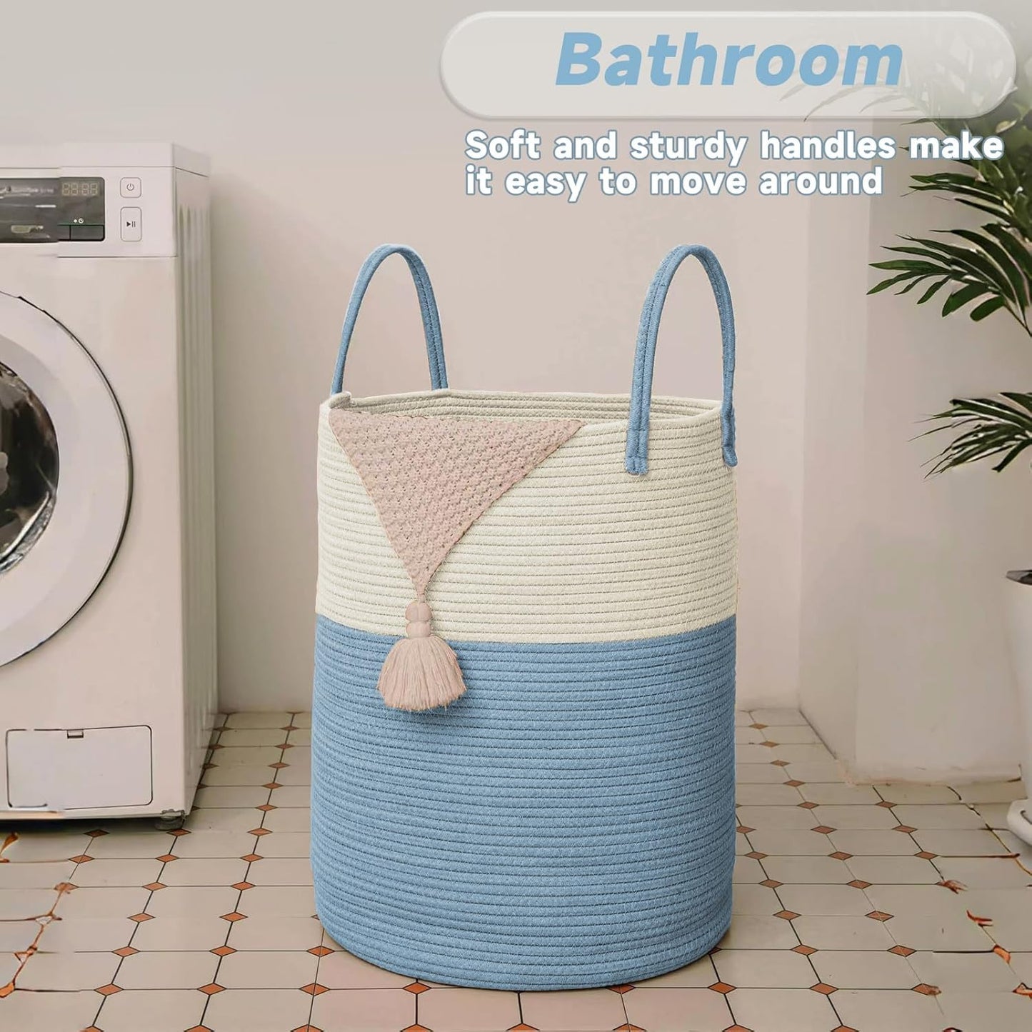 Large Woven Laundry Basket Hamper,60L Cotton Rope Storage Bin for Blankets,Toys and Clothes,Decorative Tall Nursery Hamper for Living Room,Baby Nursery,Bathroom and Bedroom,White and Blue