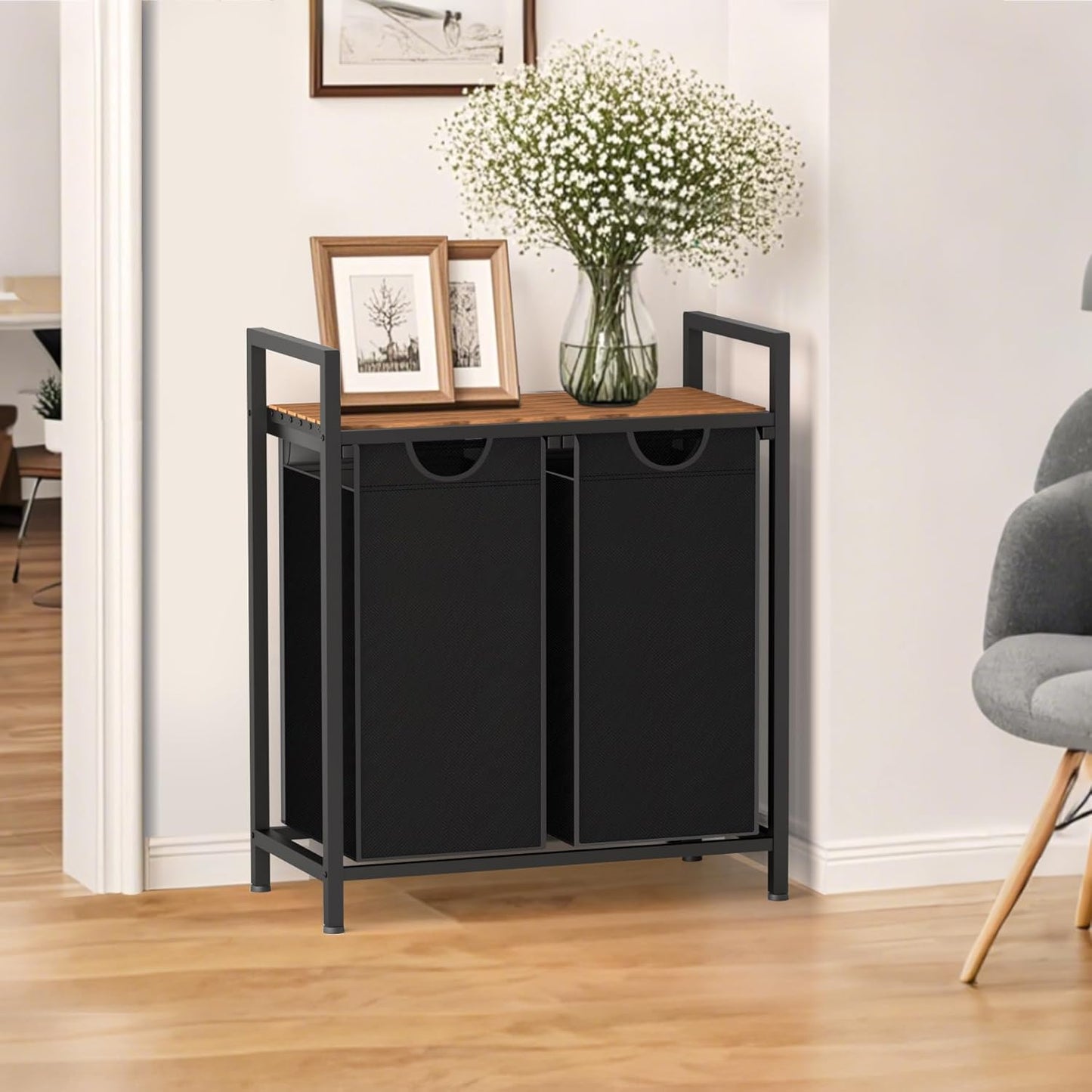 Laundry Hamper, Laundry Sorter with 2 Pull-Out Removable Oxford Fabric Bags Cloth Laundry Basket 2 x 10 Gallons (Black and Rustic Brown)