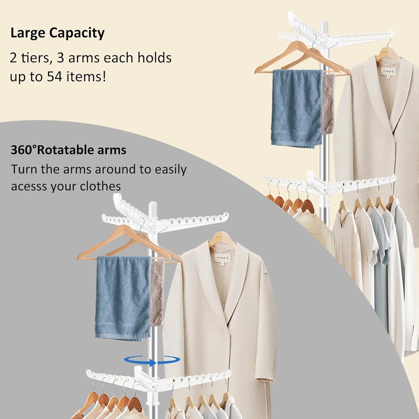 SUYU Clothes Drying Rack,Folding Clothes Drying Tree, 2 Layer with 6 Rotatable Arms,72-Inch Indoor Clothes Rack,Stainless Steel,4 Legs,White and Silver SNJ202