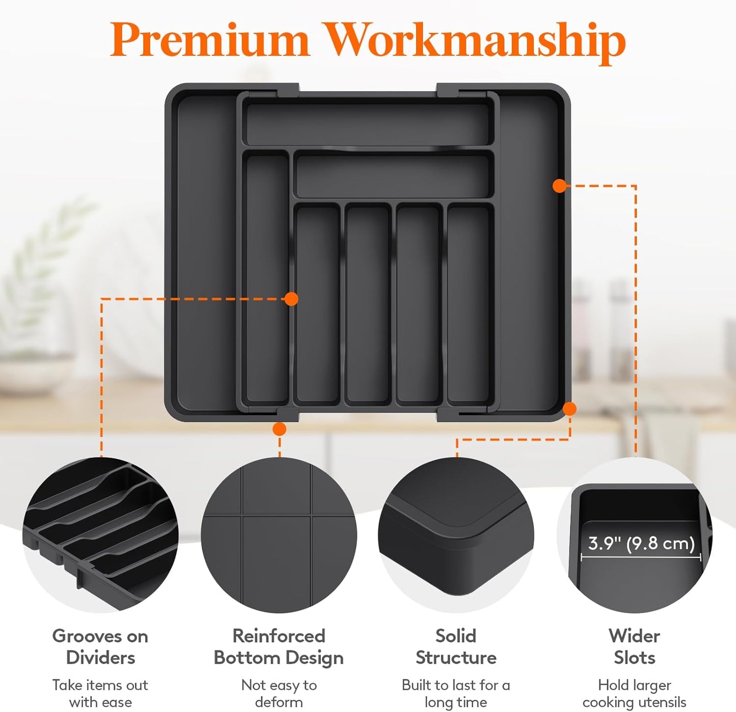 Lifewit Silverware Drawer Organizer, Expandable Utensil Organizer for Kitchen Drawers, Adjustable Cutlery and Flatware Tray, Plastic Spoons Forks Knives Holder Storage Dividers, Medium, Black