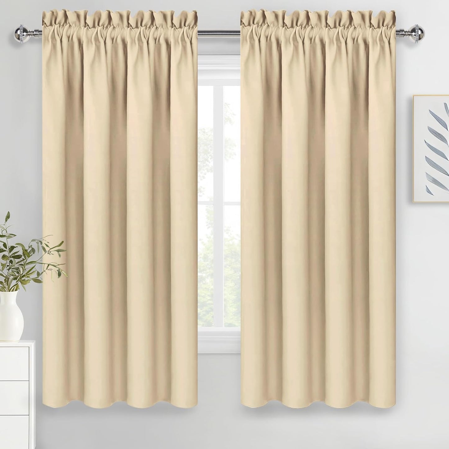 DWCN Beige Curtains for Bedroom Thermal Insulated Room Darkening Drapes for Living Room Rod Pocket Light Blocking Solid Window Treatment, W 42 x L 63 Inch, 2 Panels, Beige