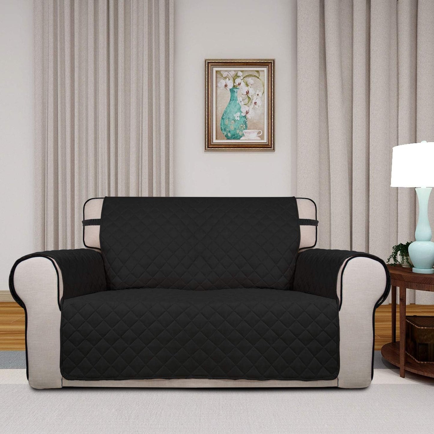 PureFit Reversible Quilted Sofa Cover, Water Resistant Slipcover Furniture Protector, Washable Couch Cover with Non Slip and Elastic Straps for Kids, Dogs, Pets (Loveseat, Black/Beige)