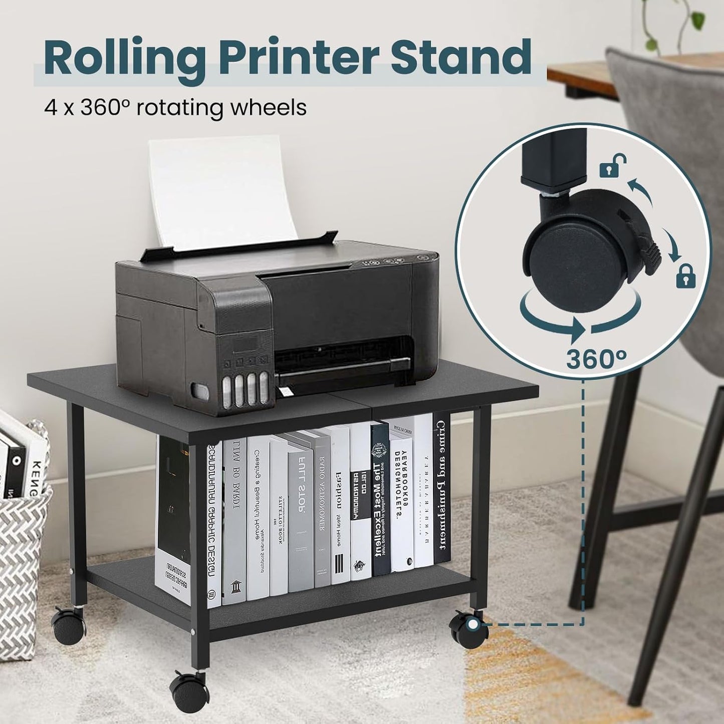 Printer Stand with Storage Under Desk Shelf, Desktop Printer Stand Organizer, Rolling Printer Cart Storage Paper Files Holder for Desk, Office, Home, (Black)