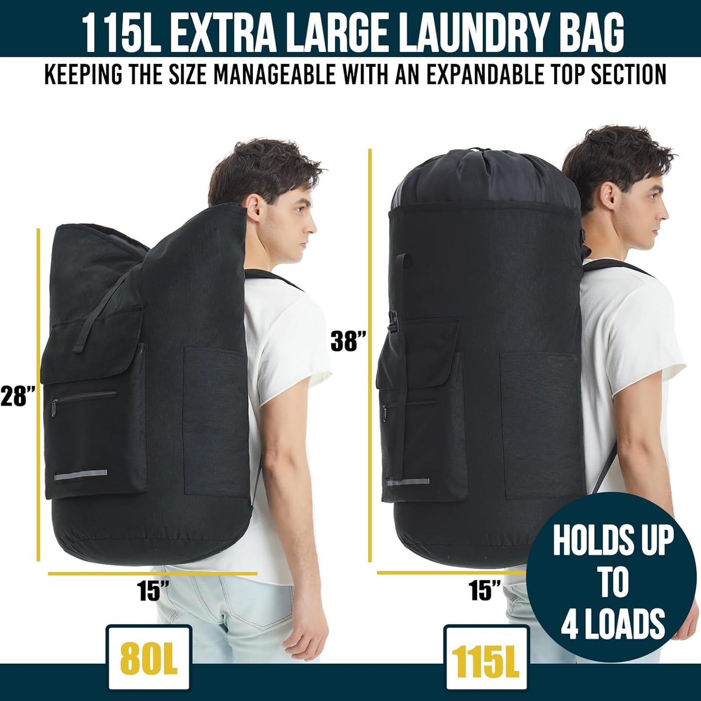 Laundry Bag Extra Large 115L, Laundry Backpack Bag, Laundry Bags Extra Large Heavy Duty, Laundry Bag with Straps, Clothes Hamper Bags with 4 Pockets, College Laundromat Backpack for Dorm Room