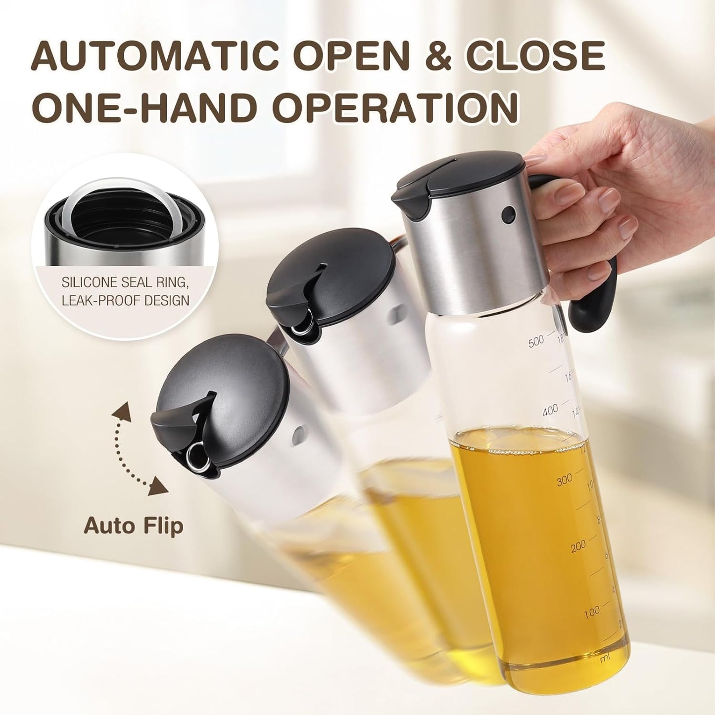 Vucchini Large Olive Oil Dispenser Bottle 17 oz - Auto Flip Condiment Container - Leakproof Vinegar Dispenser Glass Cruet Stainless Steel