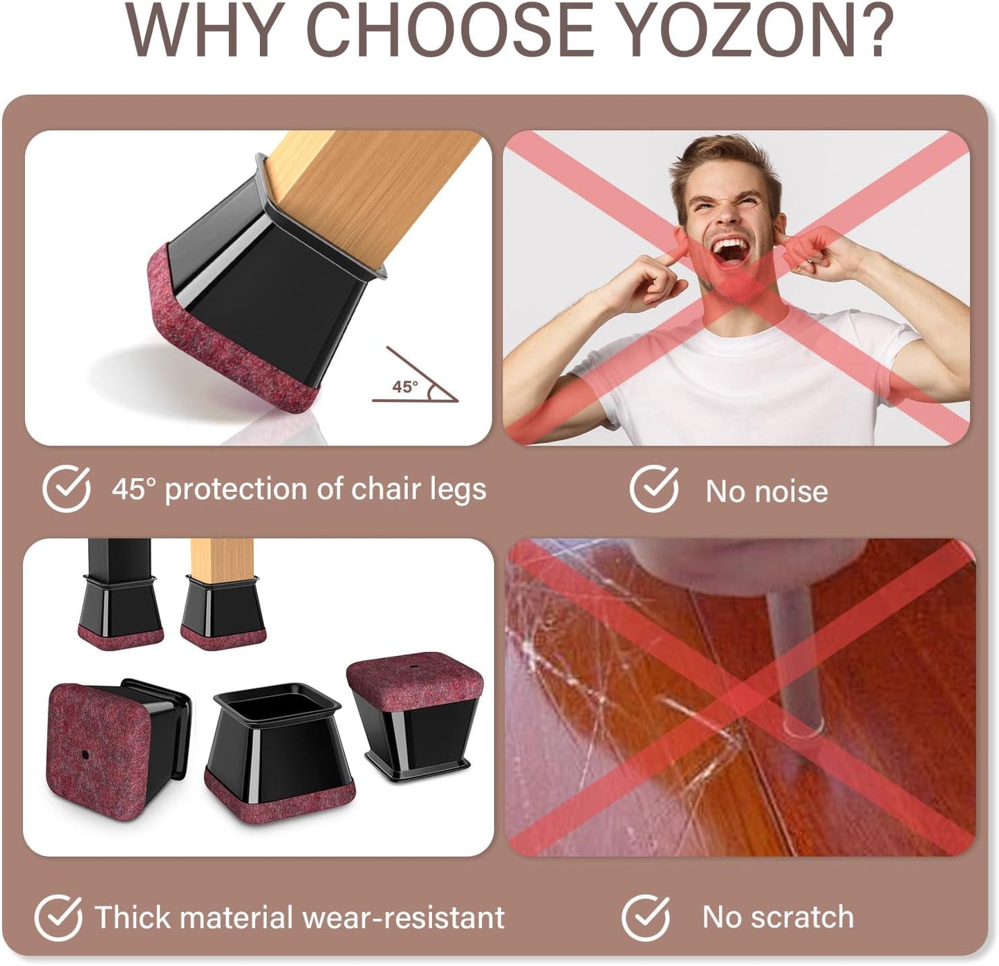 YOZON Chair Leg Floor Protector Chair Leg Protectors for Hardwood Floors Felt Furniture Pads Silicone Caps Anti-Scratch Reduce Noise Black-16 Pcs Square L Fit:1-1/8" ~ 1-9/16" (27-40mm)