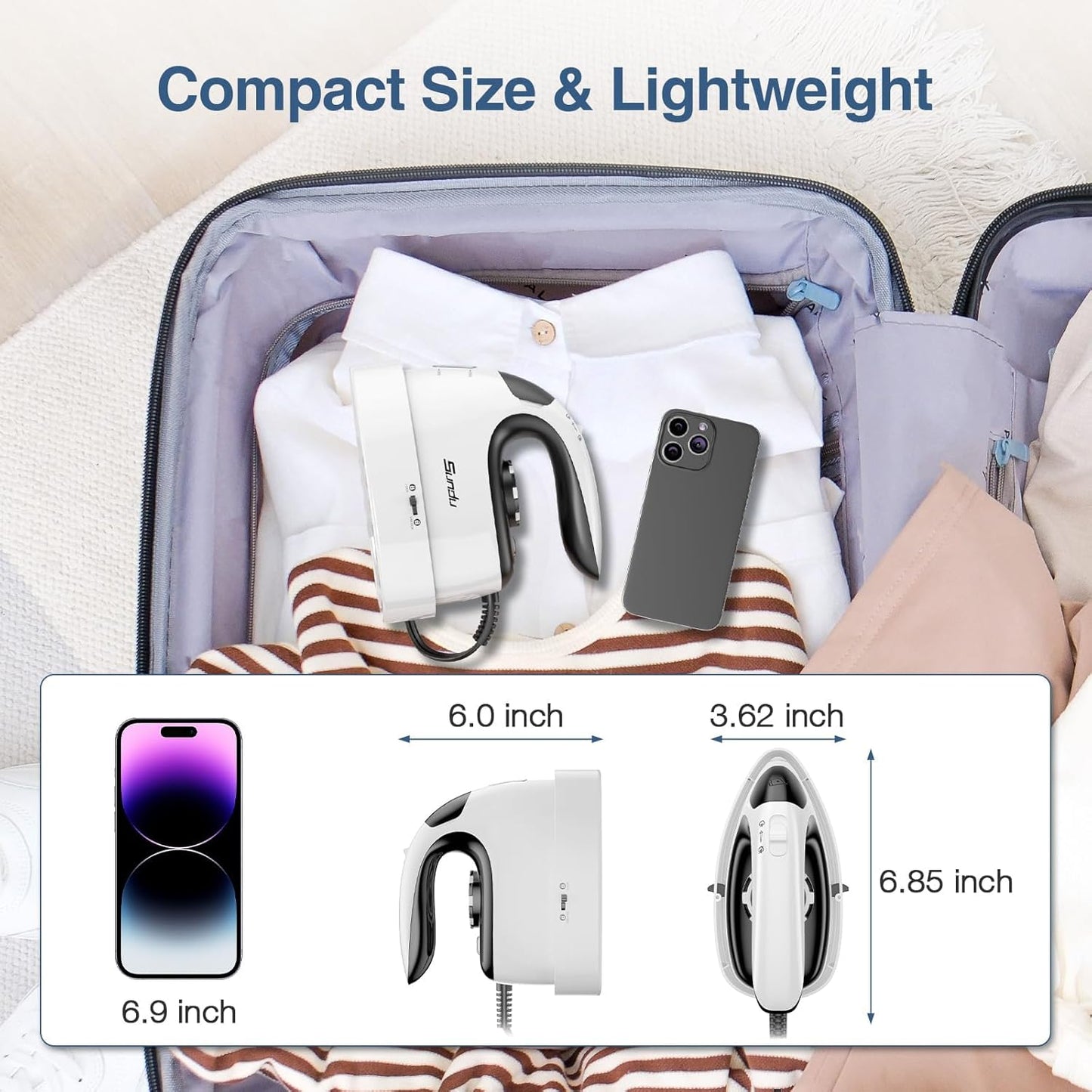 Sundu Mini Travel Iron with Steam,1000W Portable Non-Stick Soleplate Steam Small Iron for Quilting & Sewing,300 Microsteam Holes,90ml Water Tank,Lockable Safety Base,Digital Temperature Control