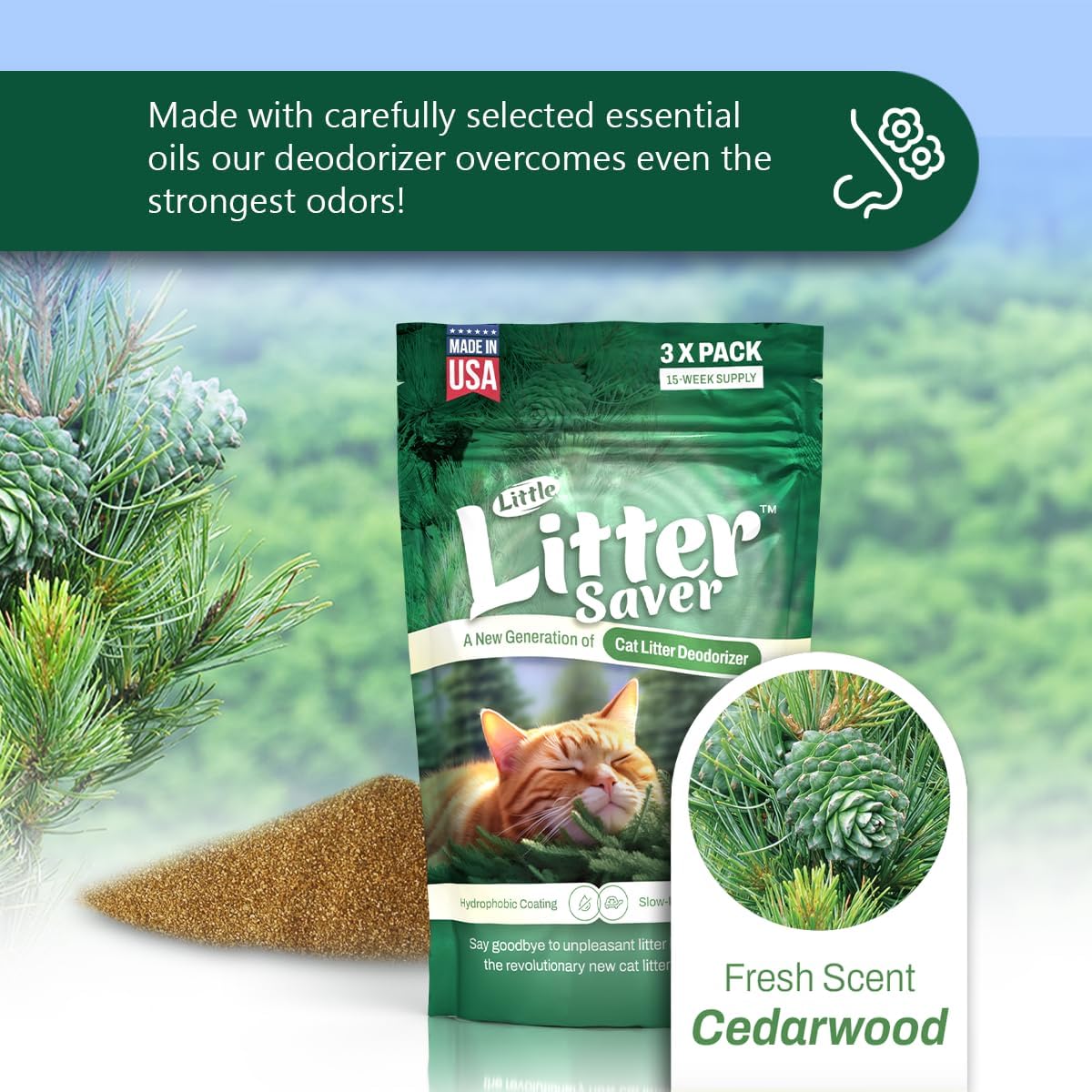 Little Litter Saver | a New Generation Of Cat Litter Box Deodorizer | Unique Formula for Slow Release | Natural Fresh Scent | Up to 15 Weeks Supply | 3 x 0.5oz bags (Cedar)