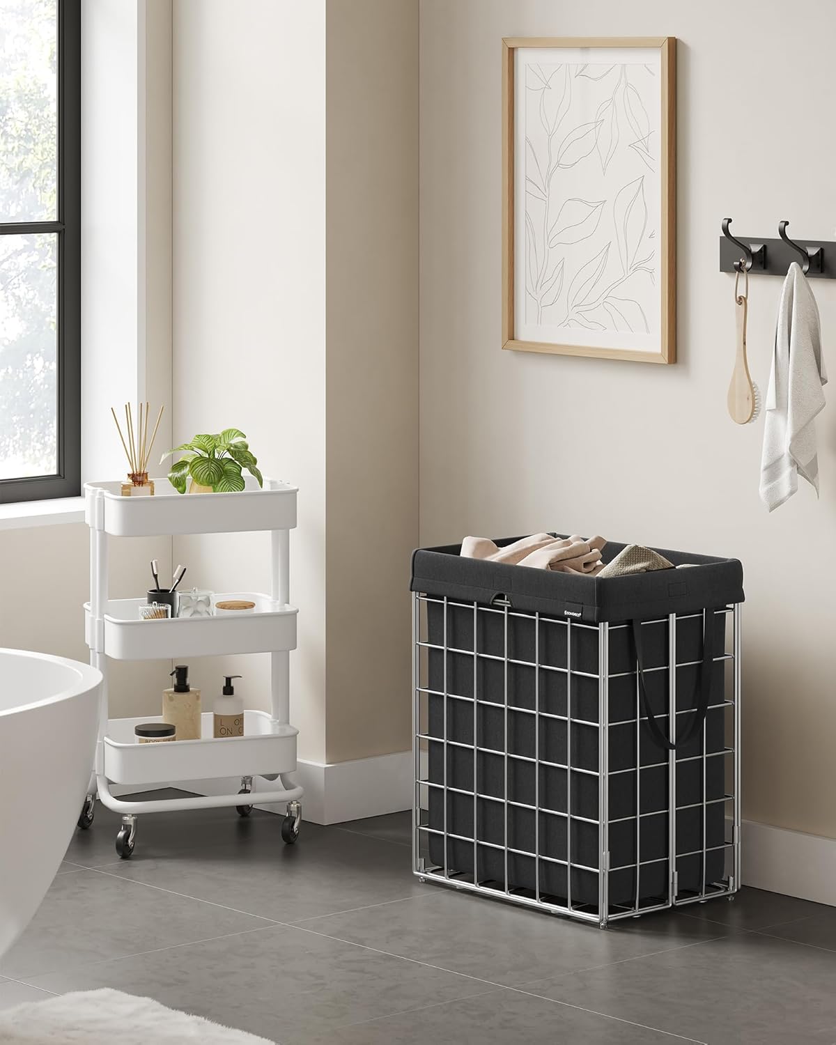 SONGMICS Laundry Hamper, 23.8 Gal. (90L) Laundry Basket, Collapsible Clothes Hamper, Removable and Washable Liner, Metal Wire Frame, for Bedroom Bathroom, Silver and Classic Black ULCB190B01