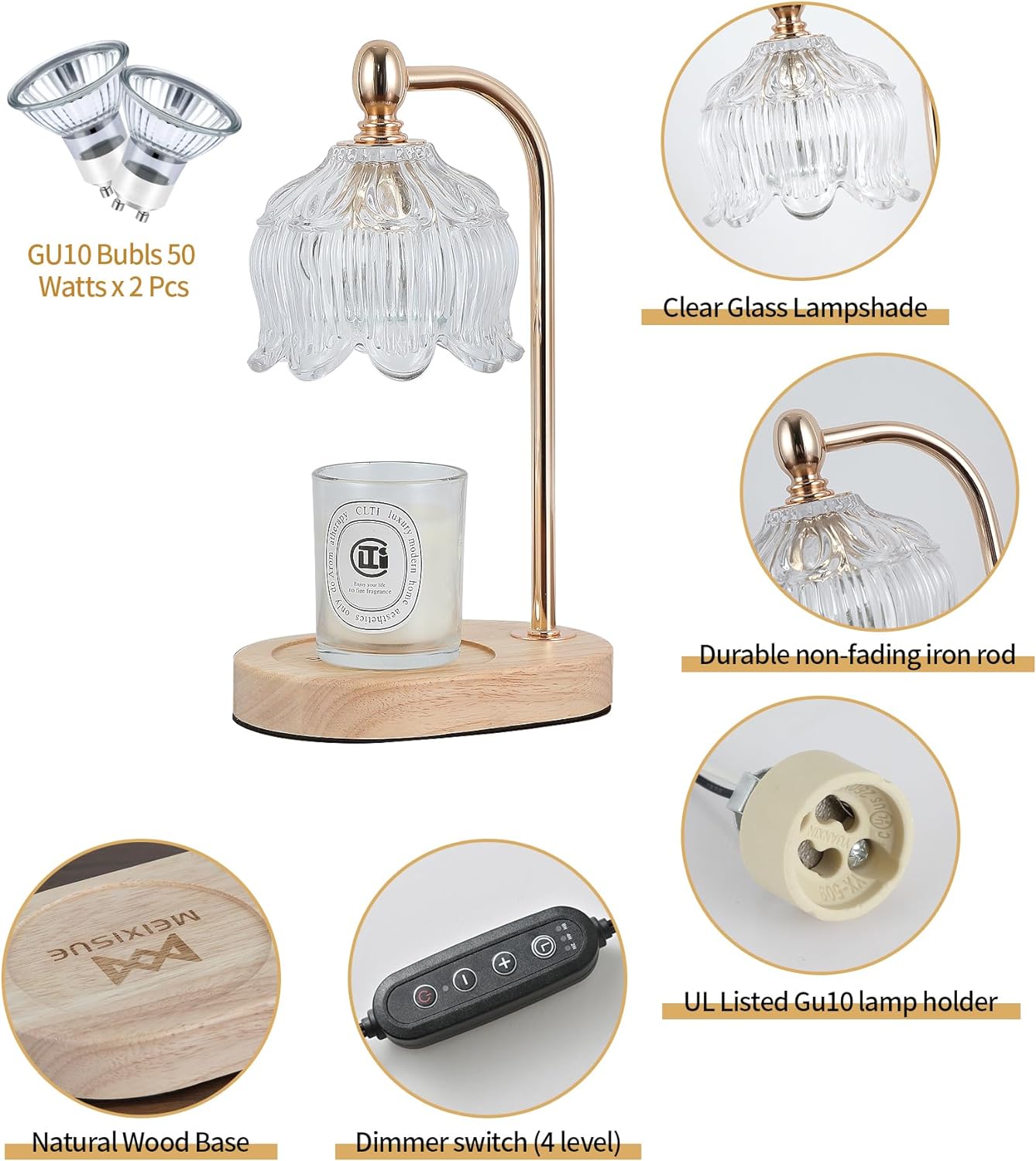Candle Warmer Lamp with Timer and Dimmer,Electric Gold Light Gifts for Women Melt Wax Warmer Lamp with 2 Bulbs for Candle Jars House Warming New Home Decor Bedroom