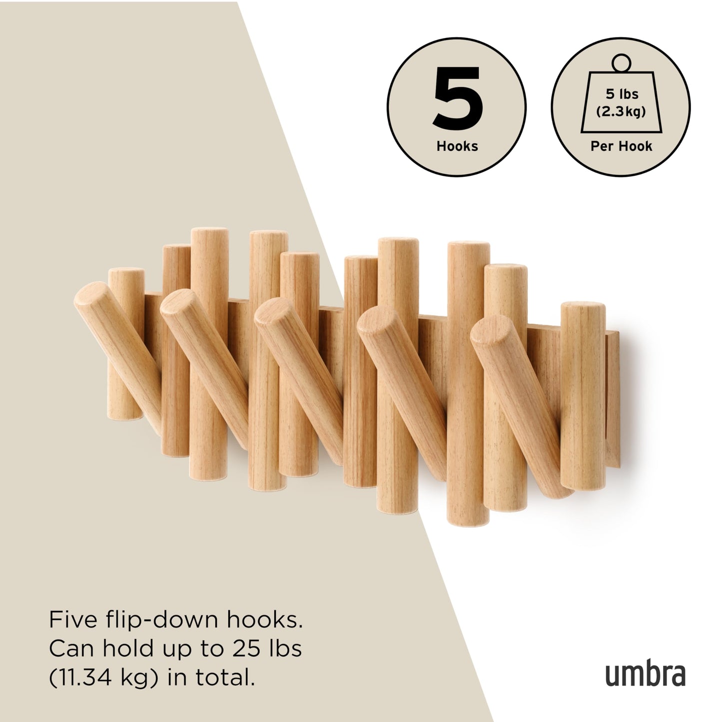 Umbra Picket Coat Rack, Wall Mount 5 Flip-Down Coat Hooks, Natural