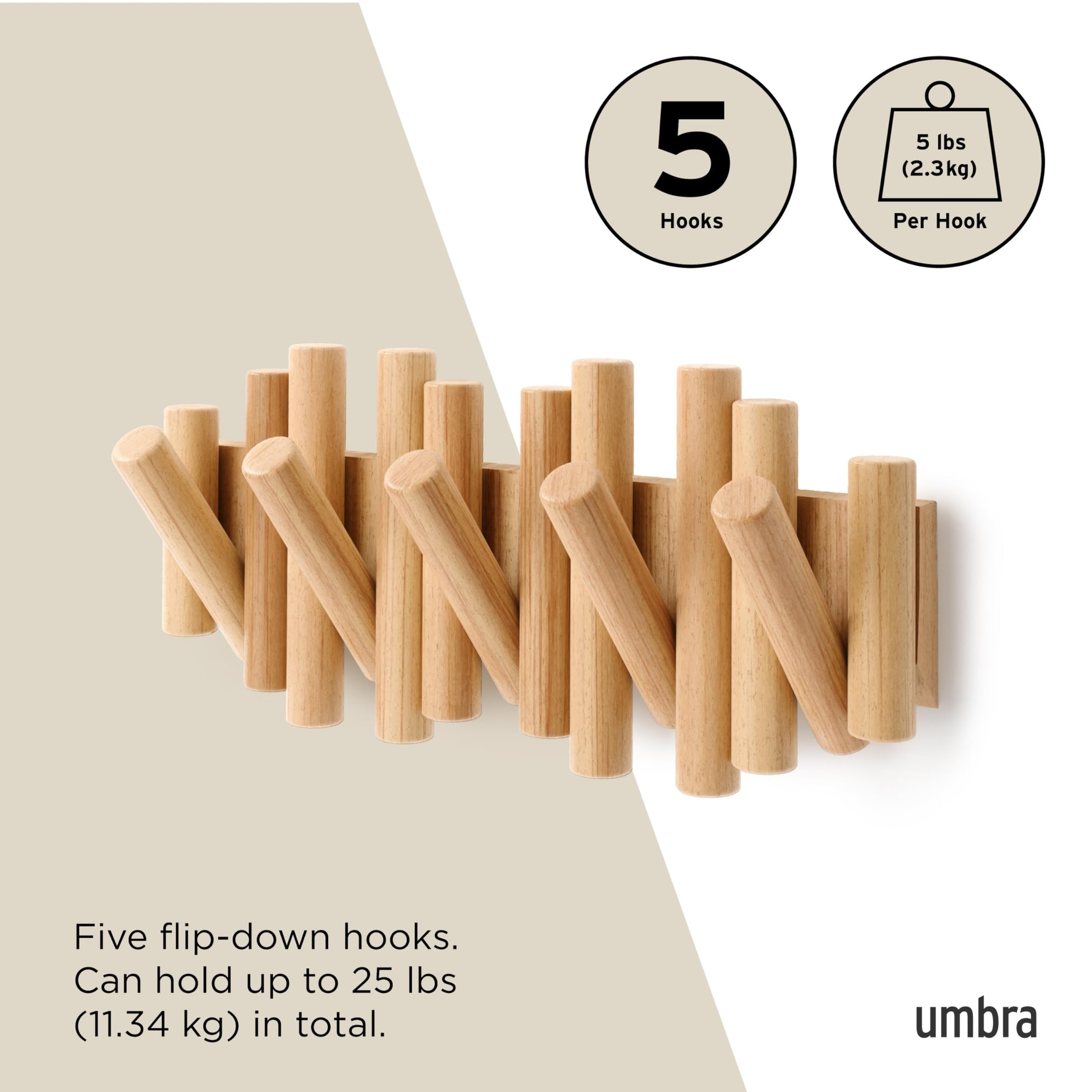 Umbra Picket Coat Rack, Wall Mount 5 Flip-Down Coat Hooks, Natural