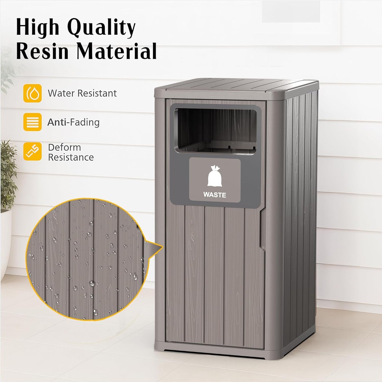 Outdoor Single Barrel Trash Can,Waterproof Resin Garbage Can with Garbage Labels,Durable Waste Bin for Porch, Backyard,Kitchen,for 30 to 39 Gallon Trash Bags