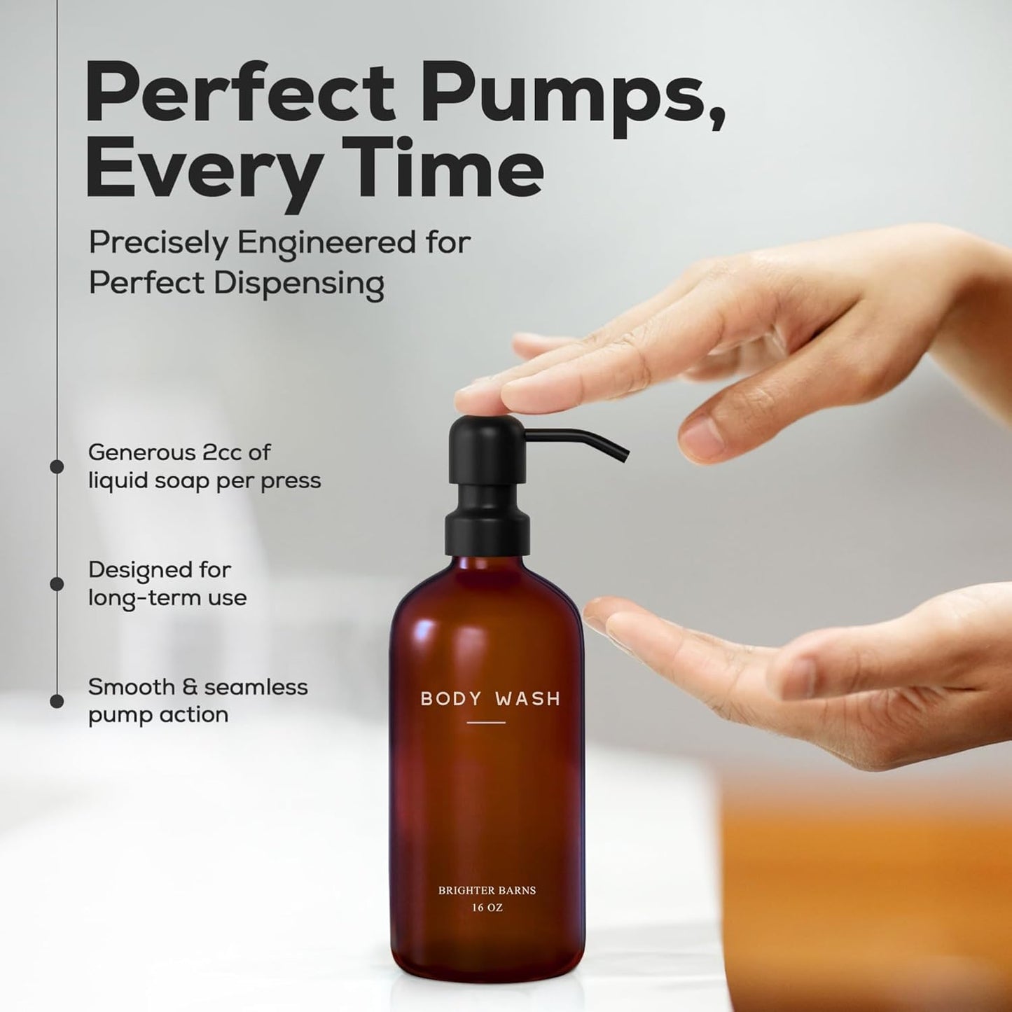 Amber Shampoo and Conditioner Dispenser Set by Brighter Barns - Body Wash and Shampoo Bottles with Pump - Refillable Plastic Shower Dispenser for Modern Bathroom Decor in Vacation Rental, Spa (Amber)