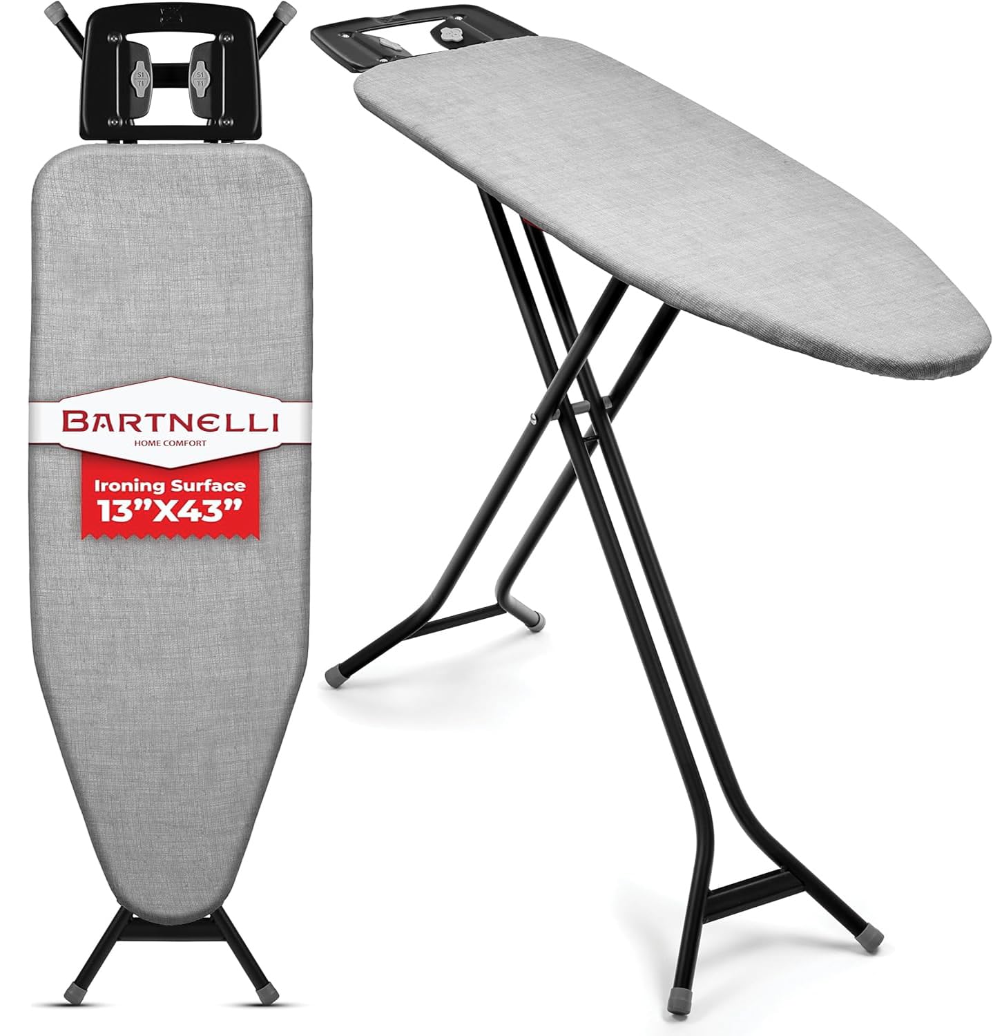 Bartnelli Extreme Stability Ironing Board 43x13 Upgraded Heavy-Duty Metal Frame & Iron Rest, Height