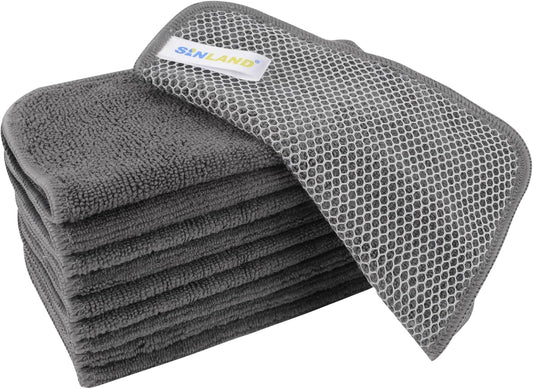 SINLAND Microfiber Dish Cloth for Washing Dishes Dish Washing Rags Best Kitchen Washcloth Cleaning Cloths Wash Cloths with Poly Scour Side 7.87Inchx7.87Inch 10 Pack Grey
