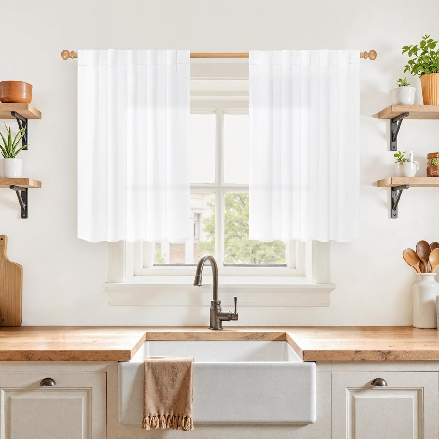 YoungsTex White Linen Cafe Curtains 36 Inch Length 2 Panels - Short Drapes Semi Sheer with Rod Pocket Back Tab Lightweight for Bathroom Kitchen Windows Over Sink, 42 X 36 Inch