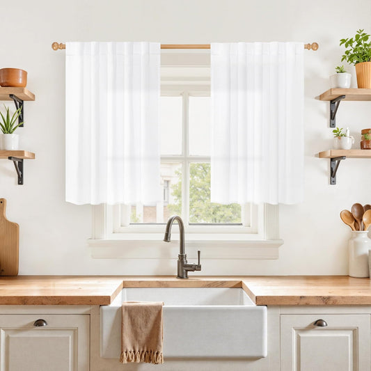 YoungsTex White Linen Cafe Curtains 36 Inch Length 2 Panels - Short Drapes Semi Sheer with Rod Pocket Back Tab Lightweight for Bathroom Kitchen Windows Over Sink, 42 X 36 Inch