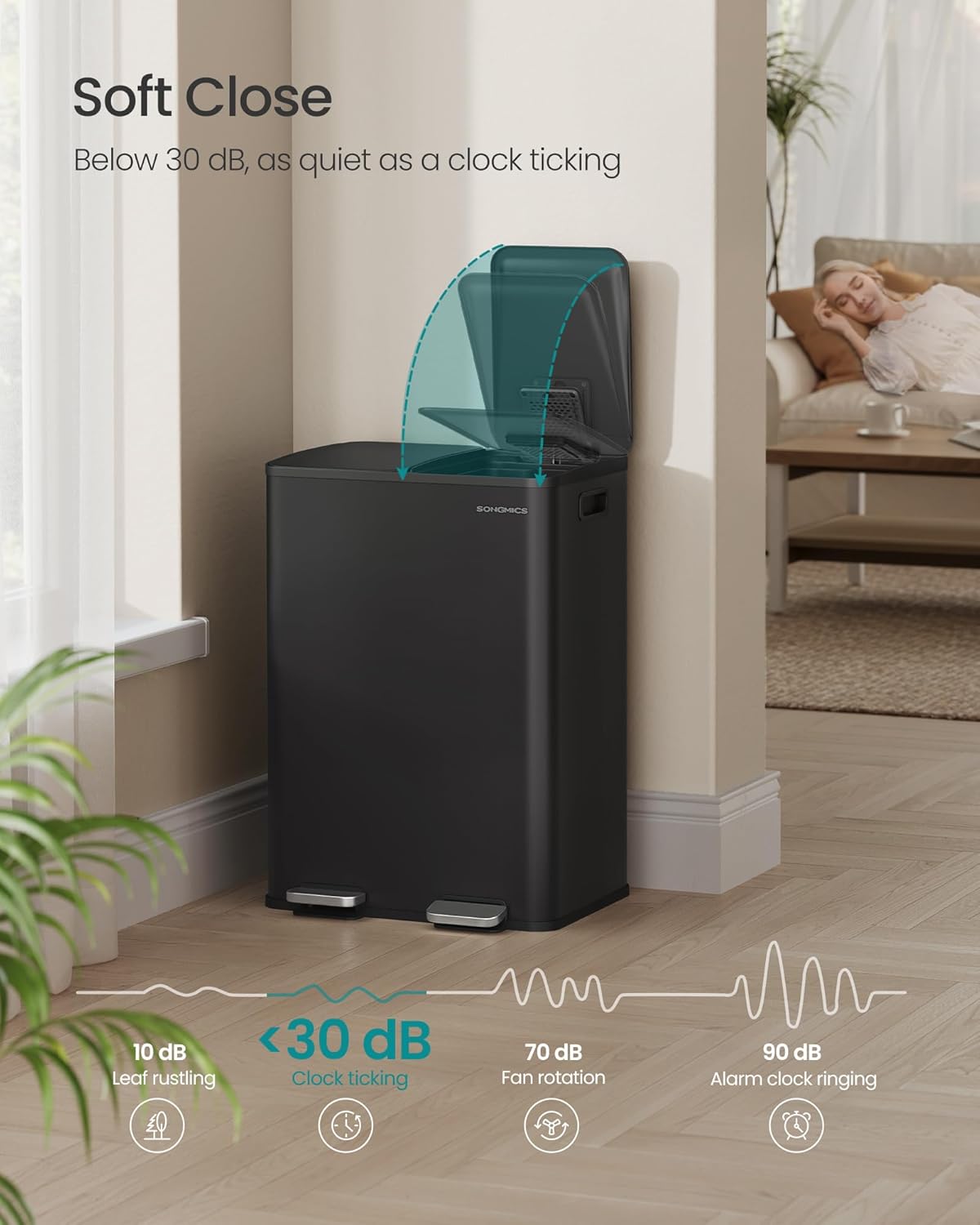 SONGMICS Trash Can, 2 x 8 Gallon (2 x 30 L) Dual-Compartment Garbage Can with Soft-Close Lid, Pedal and Inner Buckets, Stainless Steel, Includes 15 Liner Bags, Ink Black ULTB741B01