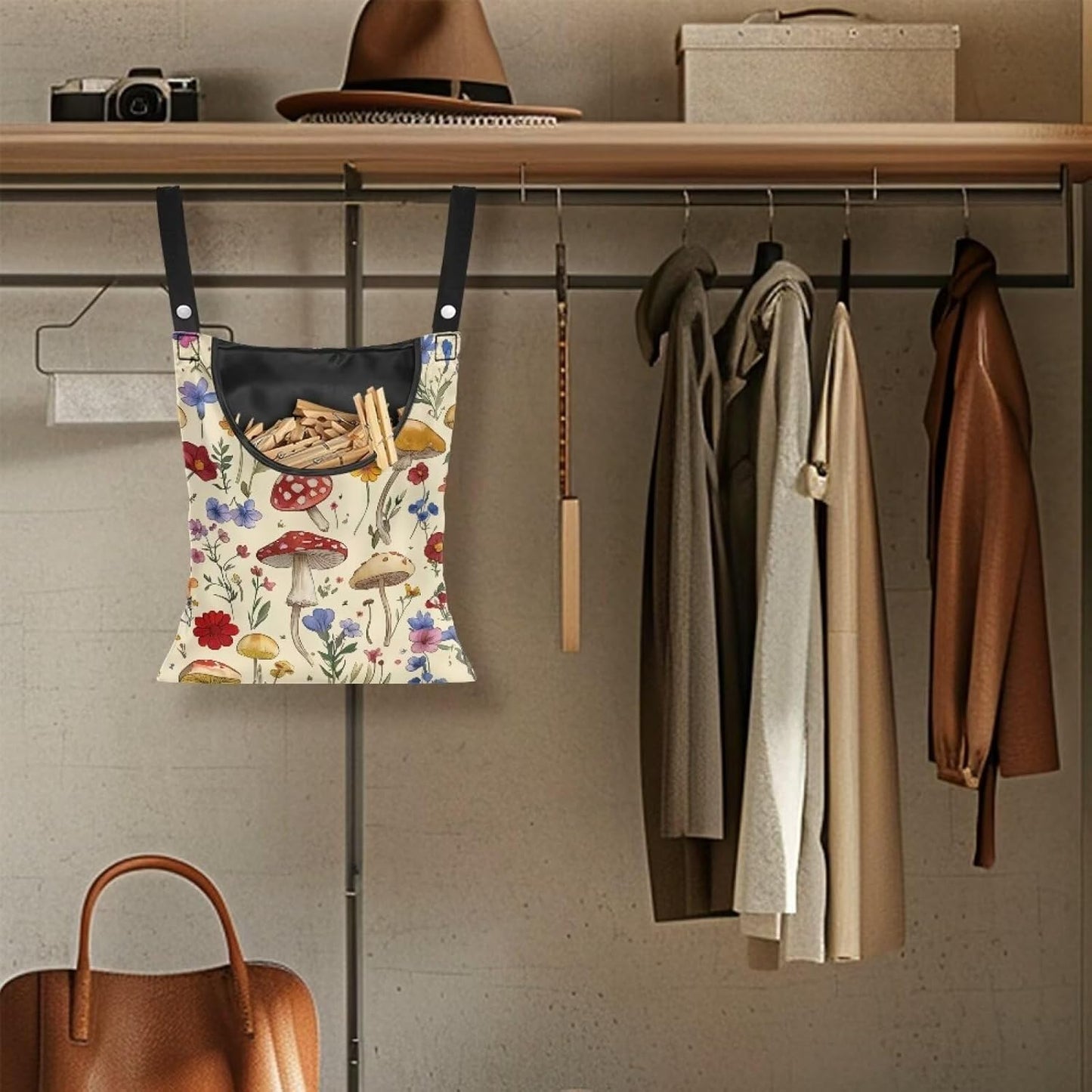 Mushroom Clothespin Bag with Hanging Hook - 12 x 14.6 Inch Waterproof Laundry Clothespin Holder