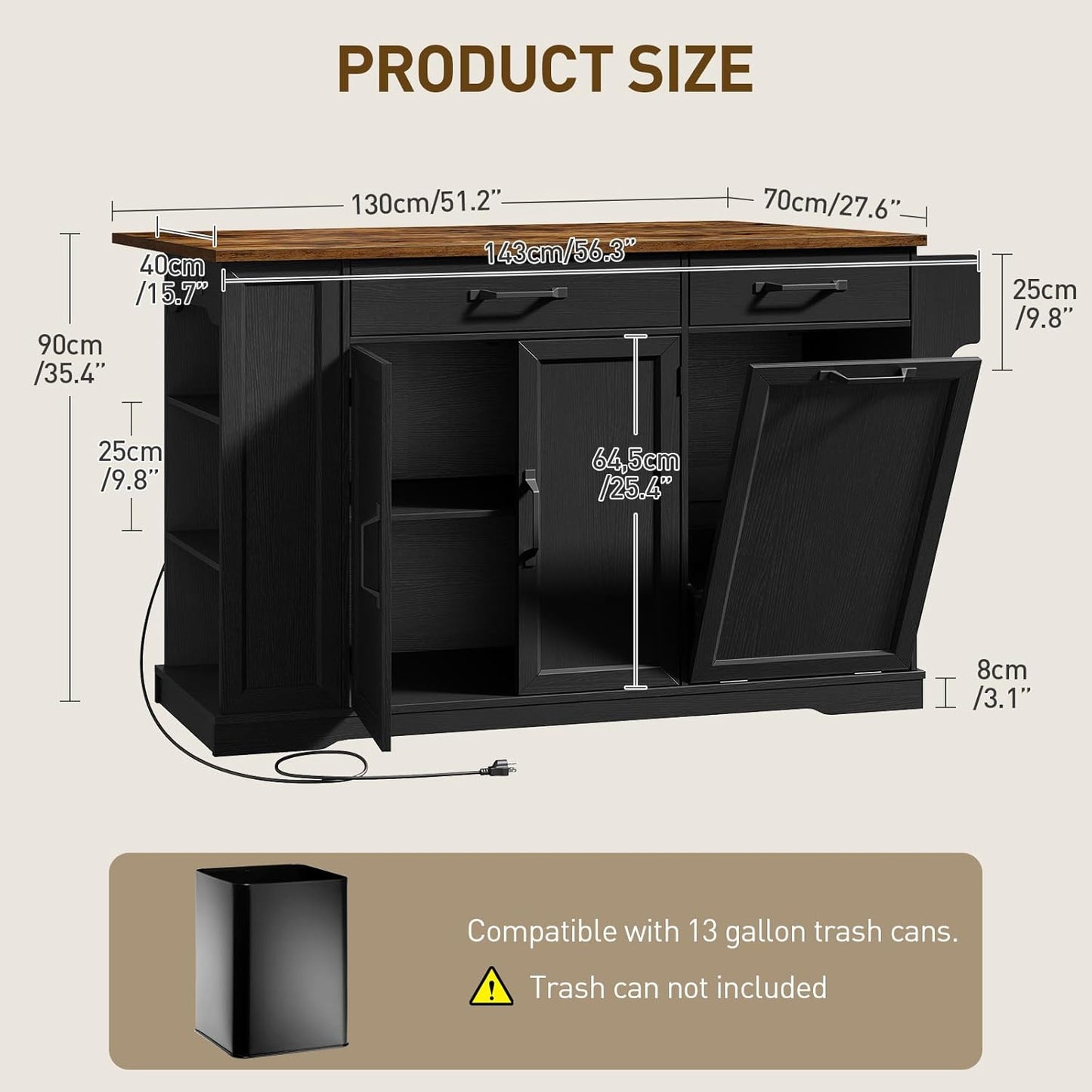 Kitchen Island with Power Outlet & Drop Leaf, Rolling Storage Cart with Trash Storage Cabinet, Farmhouse Mobile Island Table for Kitchen, Dining Room, Hidden Casters, Black and Rustic Brown