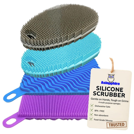 Asiopphire Silicone Sponges for Dishes, 4 Pack Dual-Sided Dish Scrubber