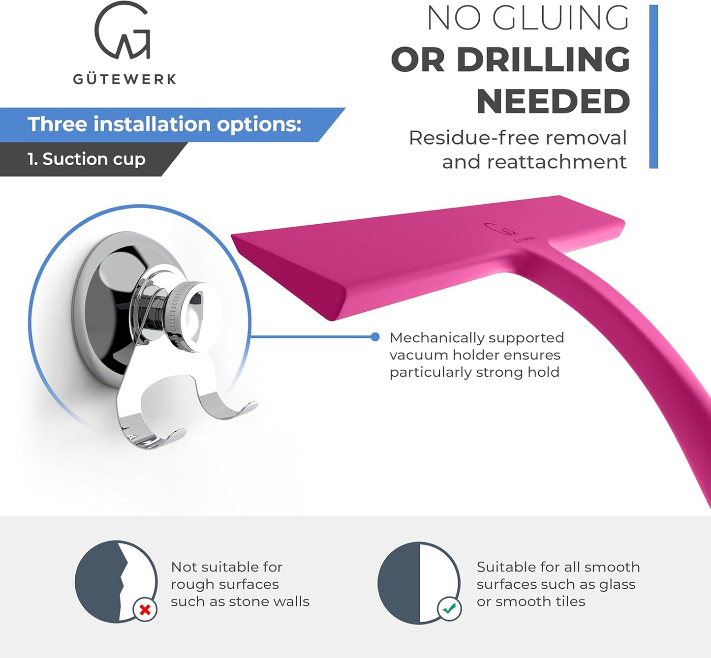 GÜTEWERK Shower Squeegee for Glass Doors, Silicone Window Squeegee, Bathroom and Glass Cleaning - Pink - 11 Inch