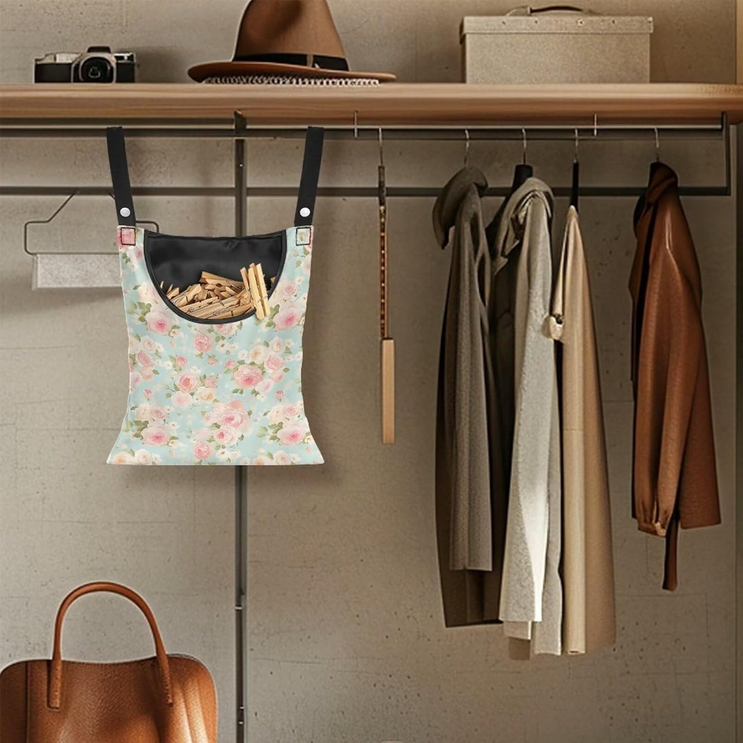 Clothes Pin Hanging Bag, Large Capacity Clothespin Bag Clothes Pin Hanging Bag Space-Saving Organize Clothespin Bag for Outdoor - Rose Pink Pattern