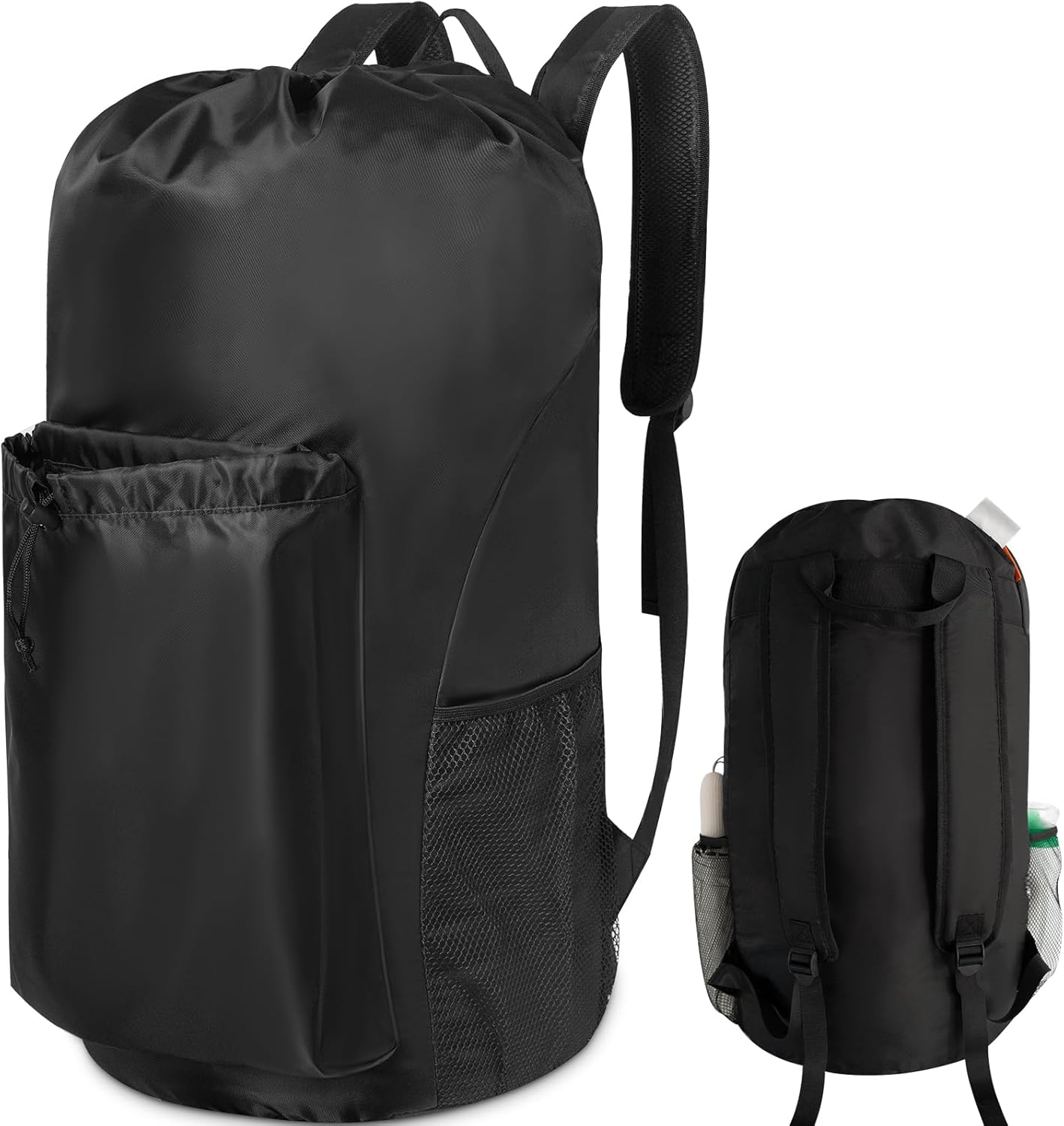 Polecasa Extra Heavy Duty Large Backpack Laundry Bag with Comfortable Padded Shoulder Straps & 4 Pockets, Sturdy & Durable Clothes Storage Bags, Hamper Drawstring bag for Dorm, College, Travel, Black